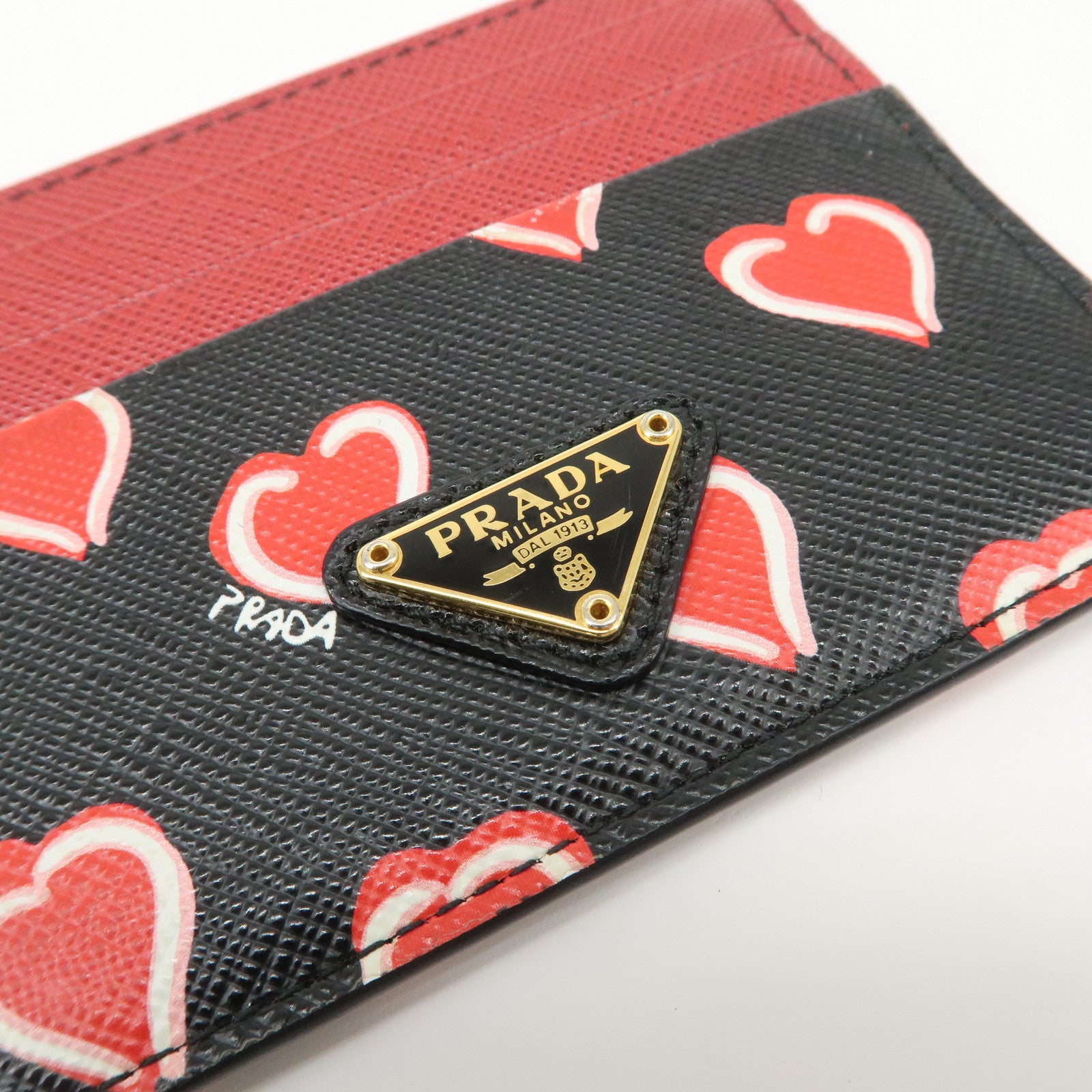 PRADA Saffiano Leather Heart Card Case Black Red White 1MC025