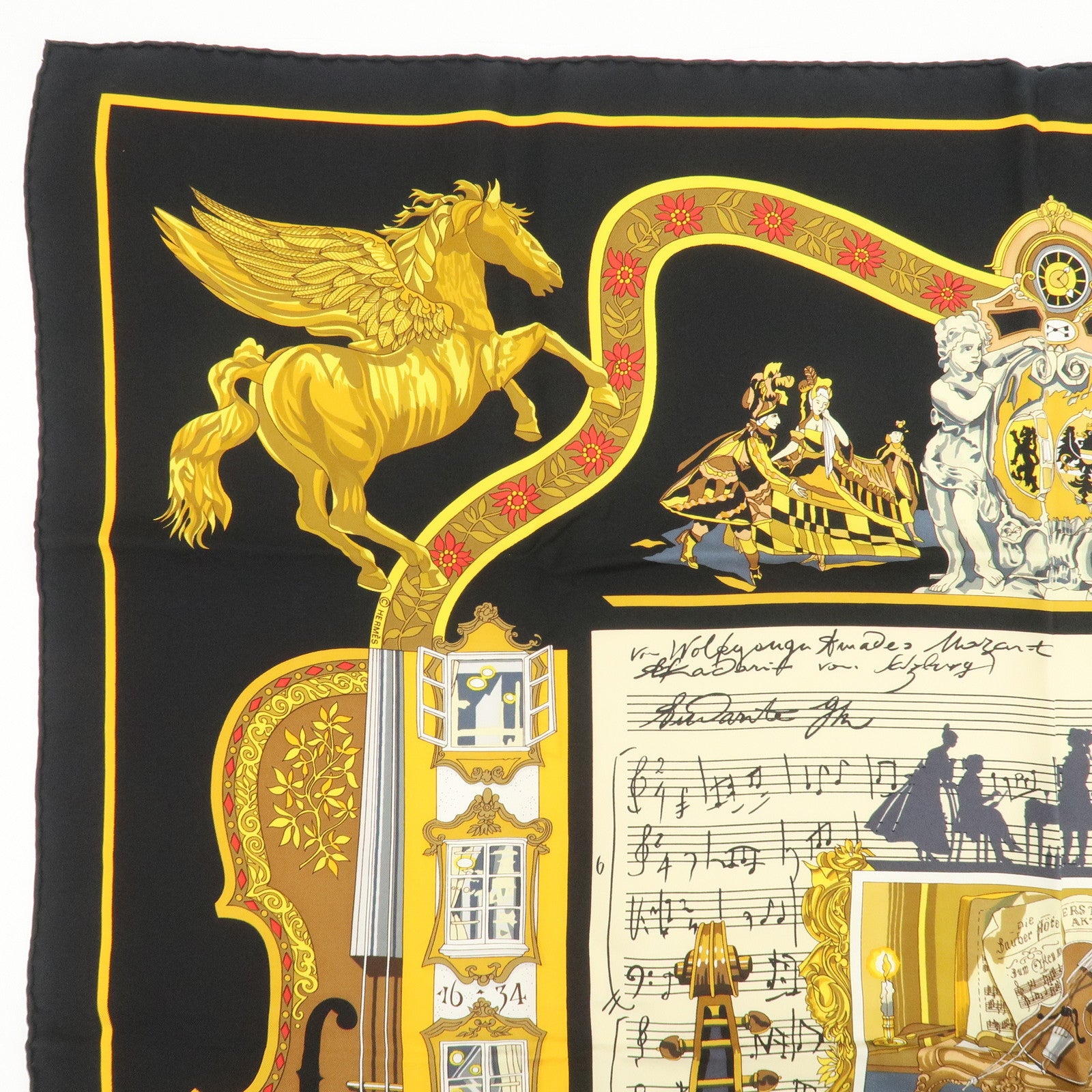 HERMES Carre 90 Silk 100% IN SALZBURG Scarf Black Gold