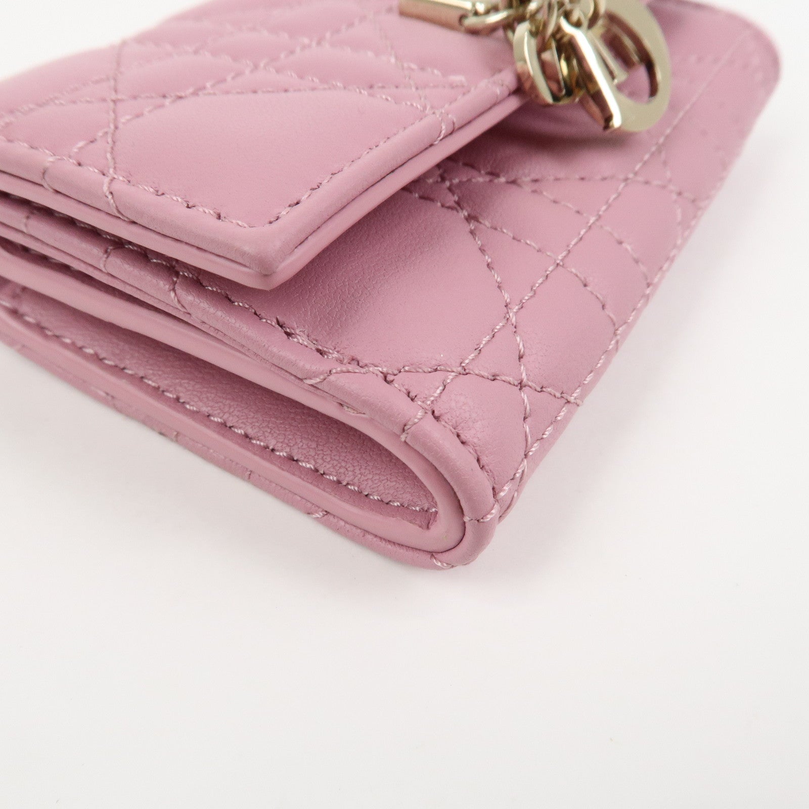 Christian Dior Cannage Logo Leather Bi-fold Compact Wallet Pink