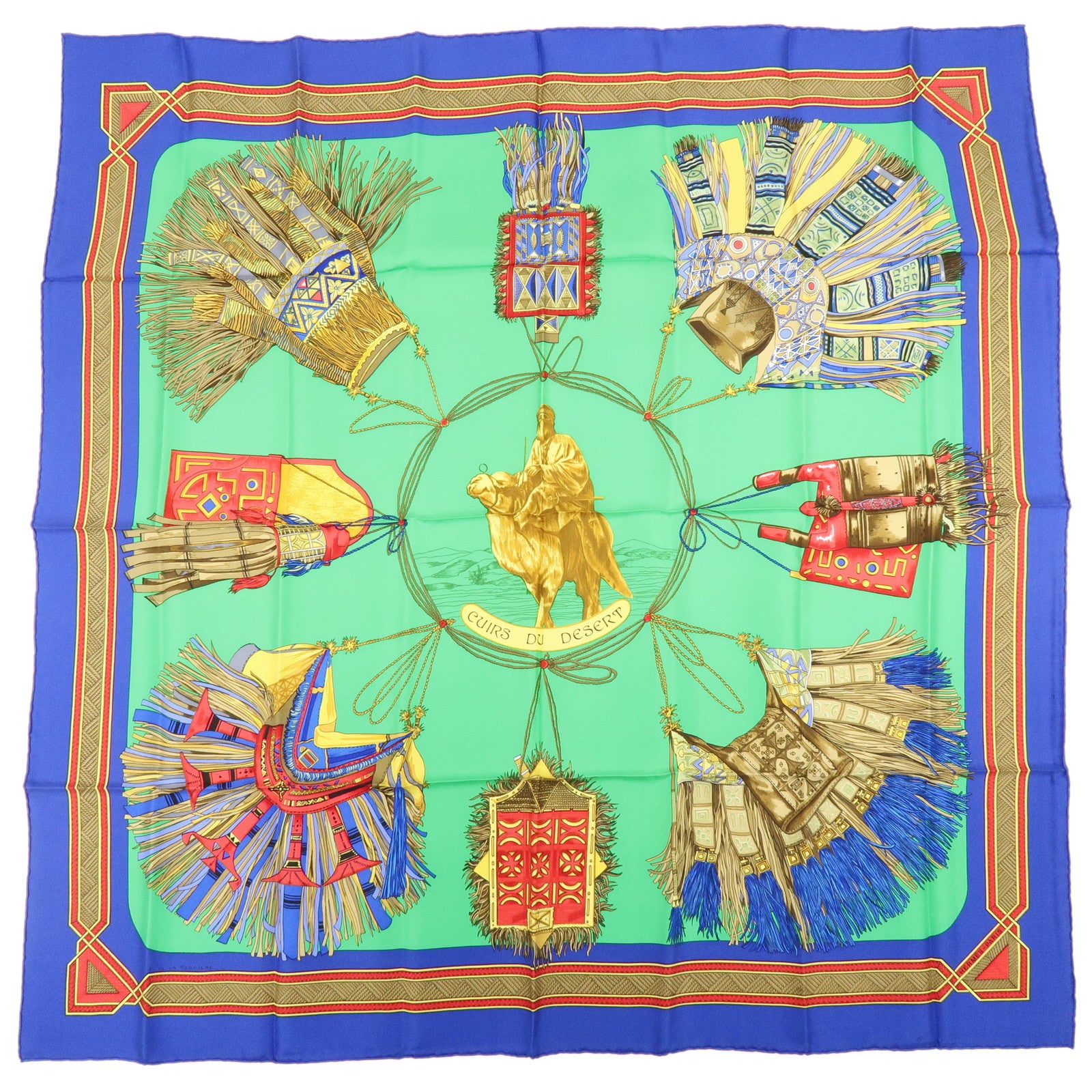 HERMES Carre 90 Silk 100% Scarf CUIRS DU DESERT Green Blue
