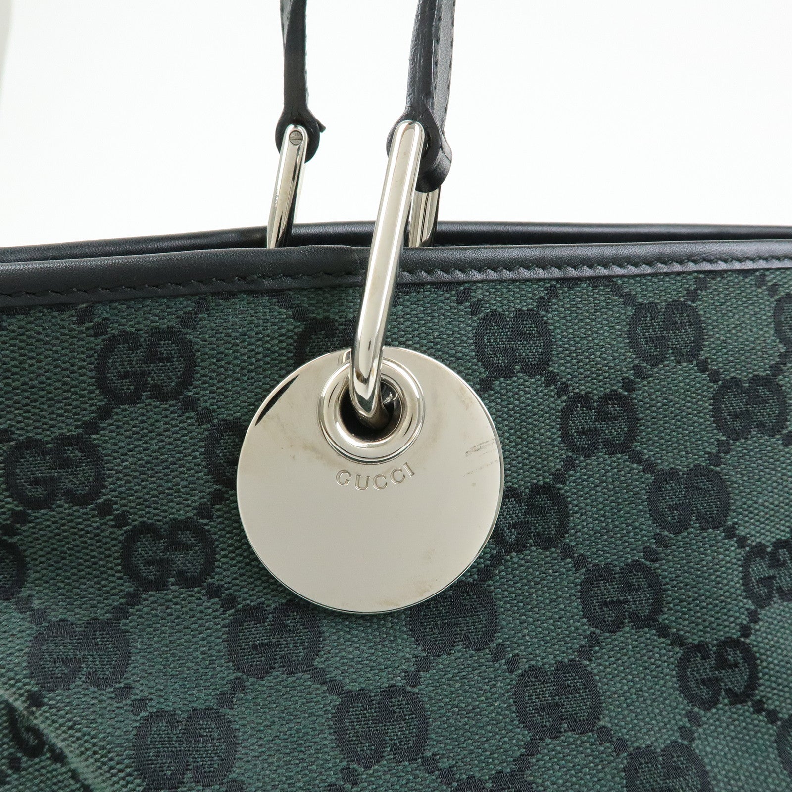 GUCCI GG Canvas Leather Tote Bag Hand Bag Green Black 285583