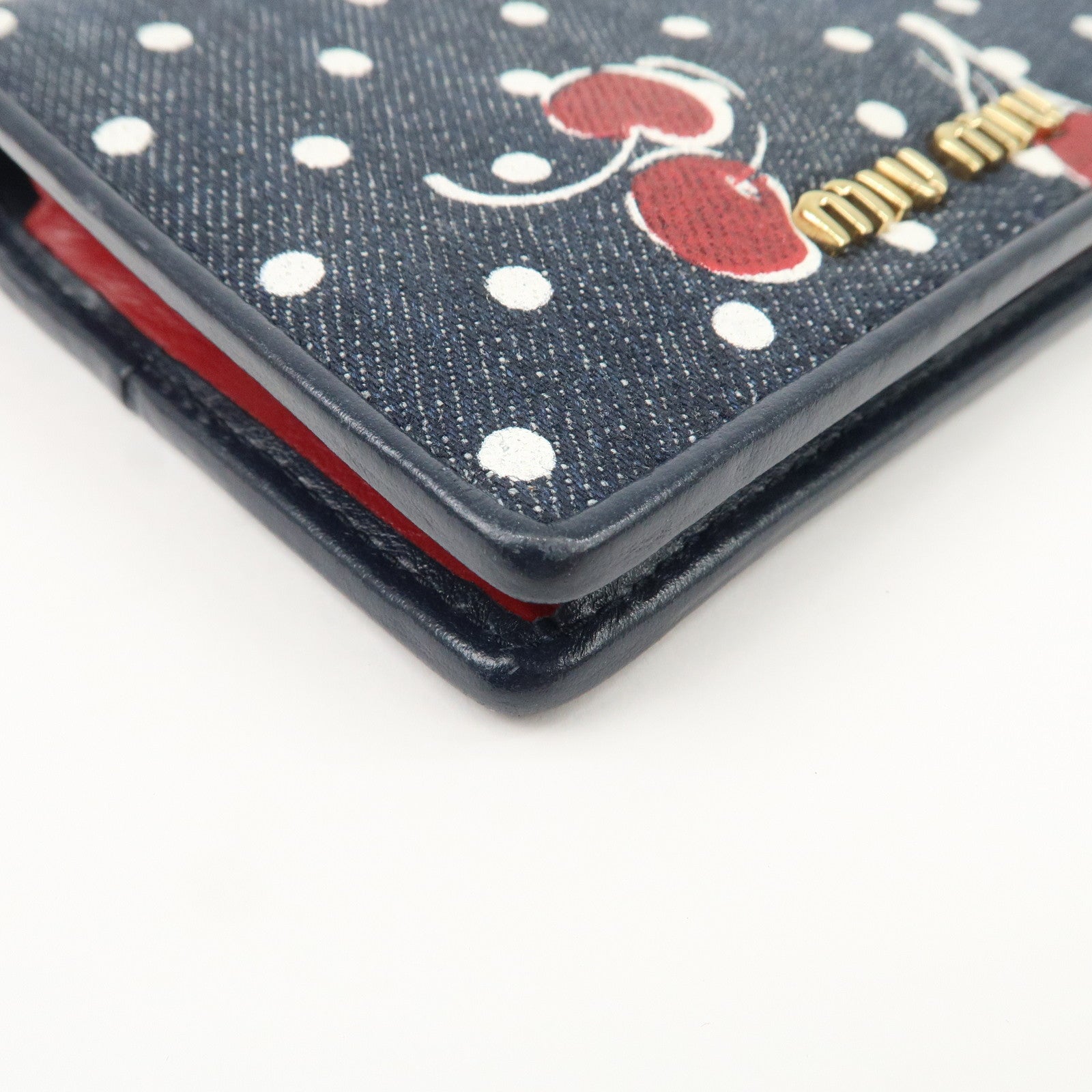 MIU MIU Cherry Denim Leather Bifold Compact Wallet Navy Red Used