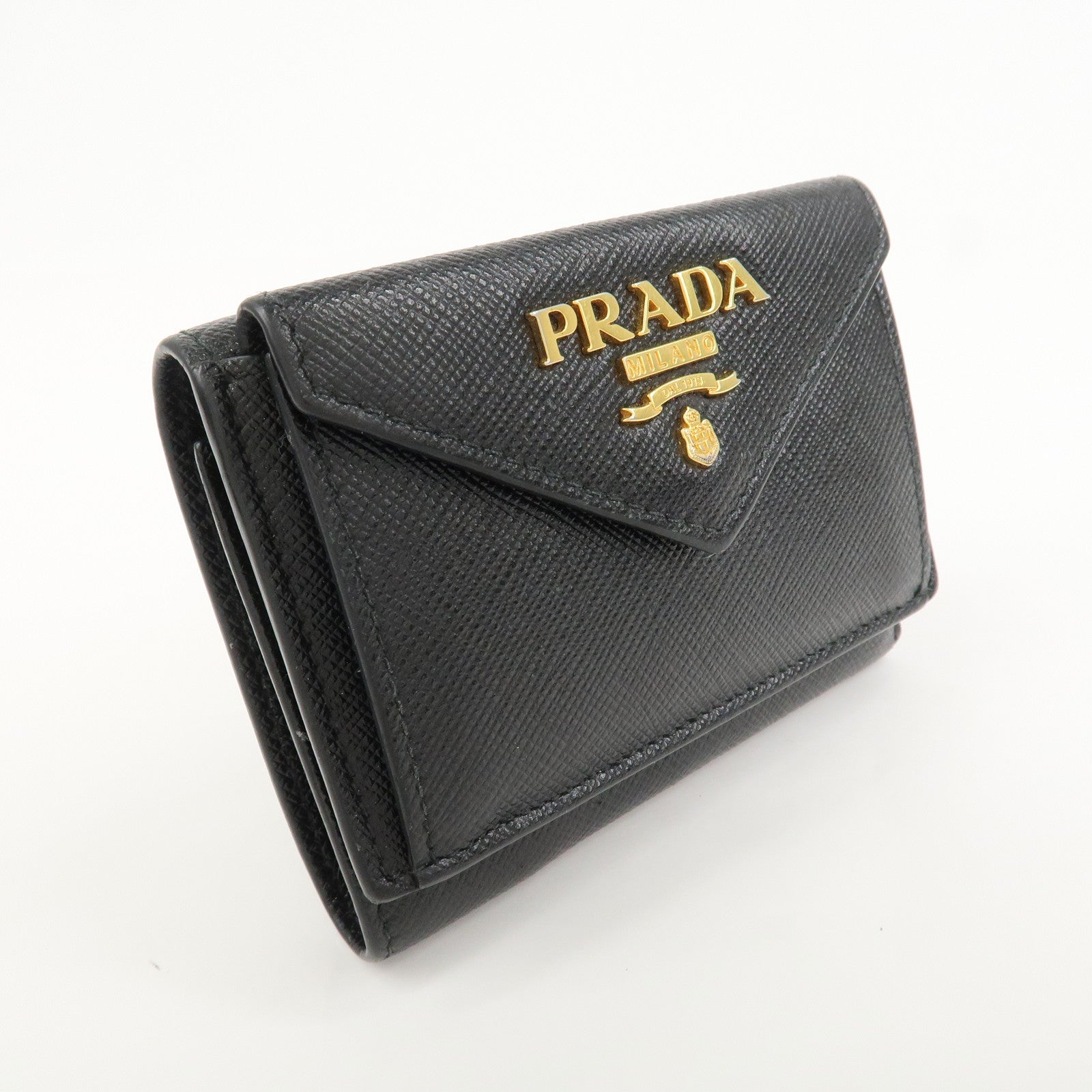 PRADA Logo Saffiano Metal Tri-fold Small Wallet Black 1MH021