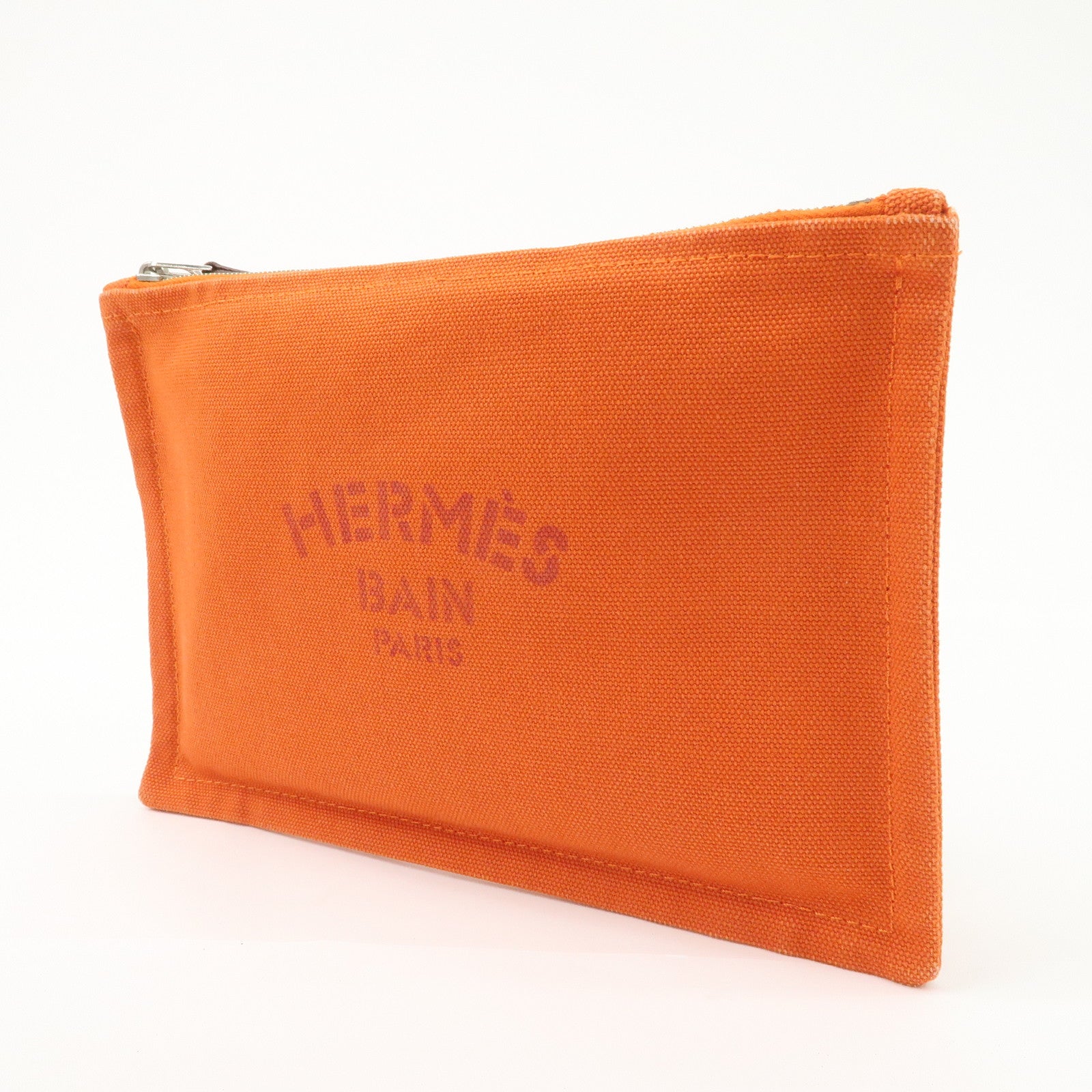 HERMES Set of 2 Canvas Leather Pouch Cosmetic Pouch Orange Red Used