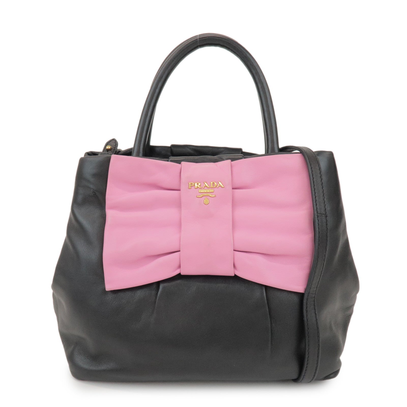 PRADA Logo Leather 2Way Hand Shoulder Bag Ribbon Black Pink BN1604