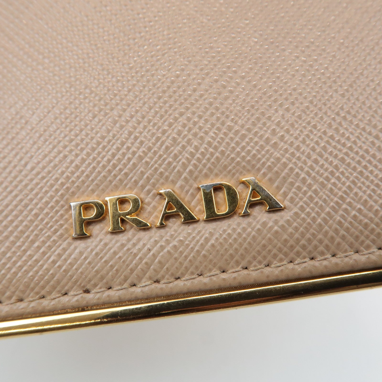 PRADA Logo Saffiano Leather Bi-Fold Small Wallet Beige 1MV204 Used