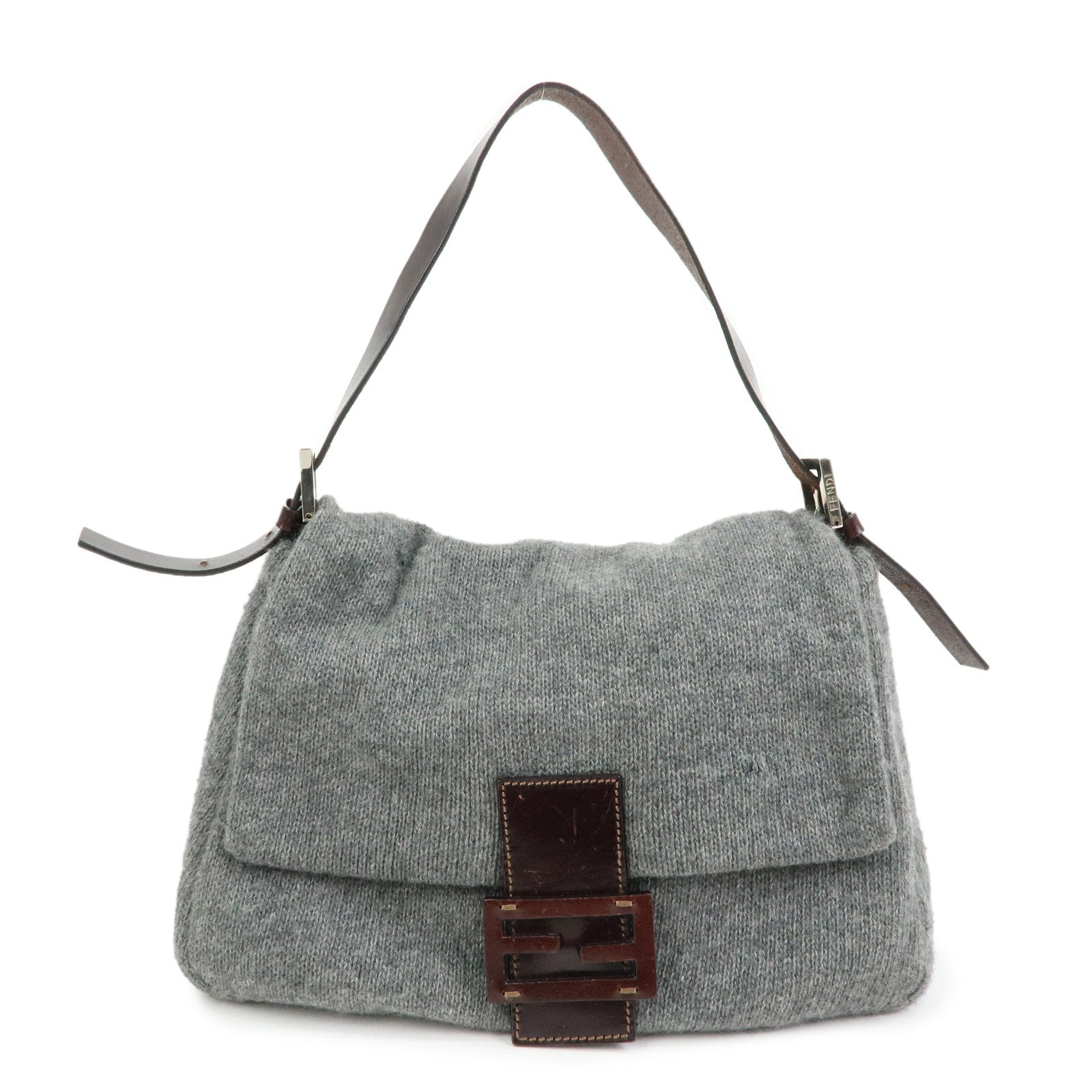 FENDI Mamma Baguette Wool Leather Shoulder Bag Grey Brown 26325