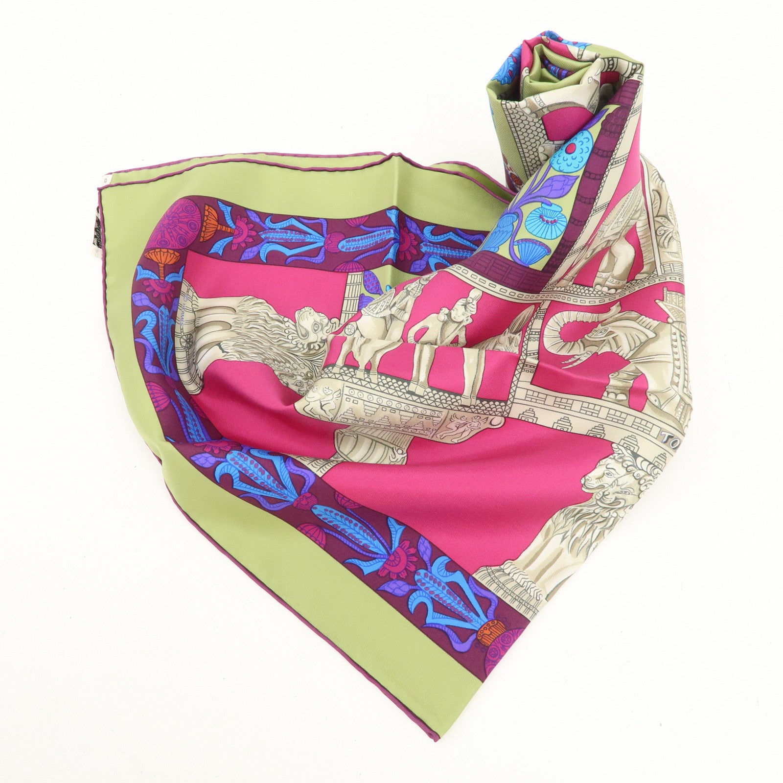 HERMES Carre 90 Silk 100% Scarf TORANA Pink Blue Green Used