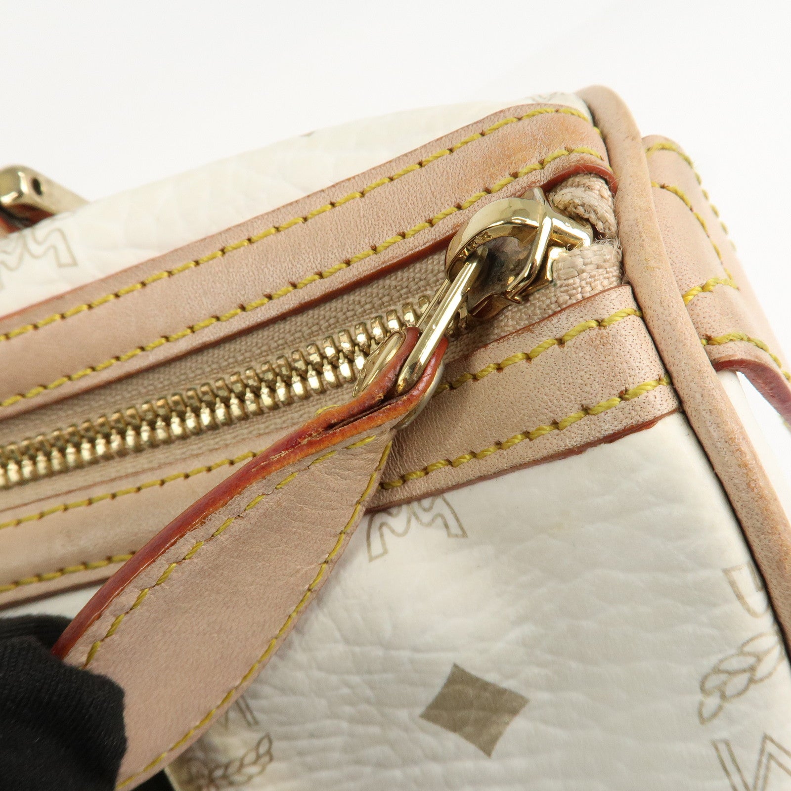 MCM Visetos Leather Boston Bag Hand Bag Beige White Used