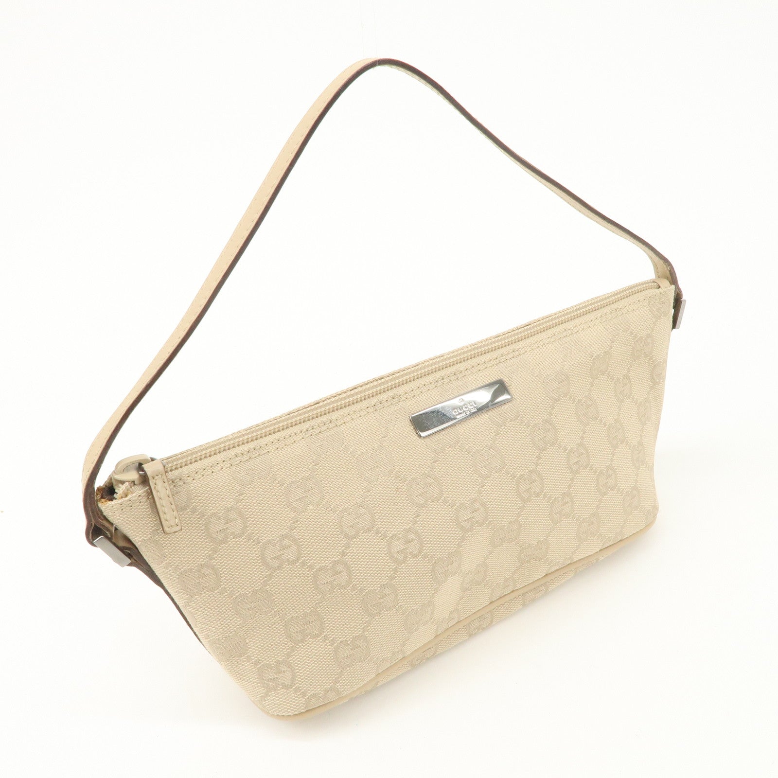 GUCCI Boat Bag GG Canvas Leather Hand Bag Pouch Beige 07198 Used