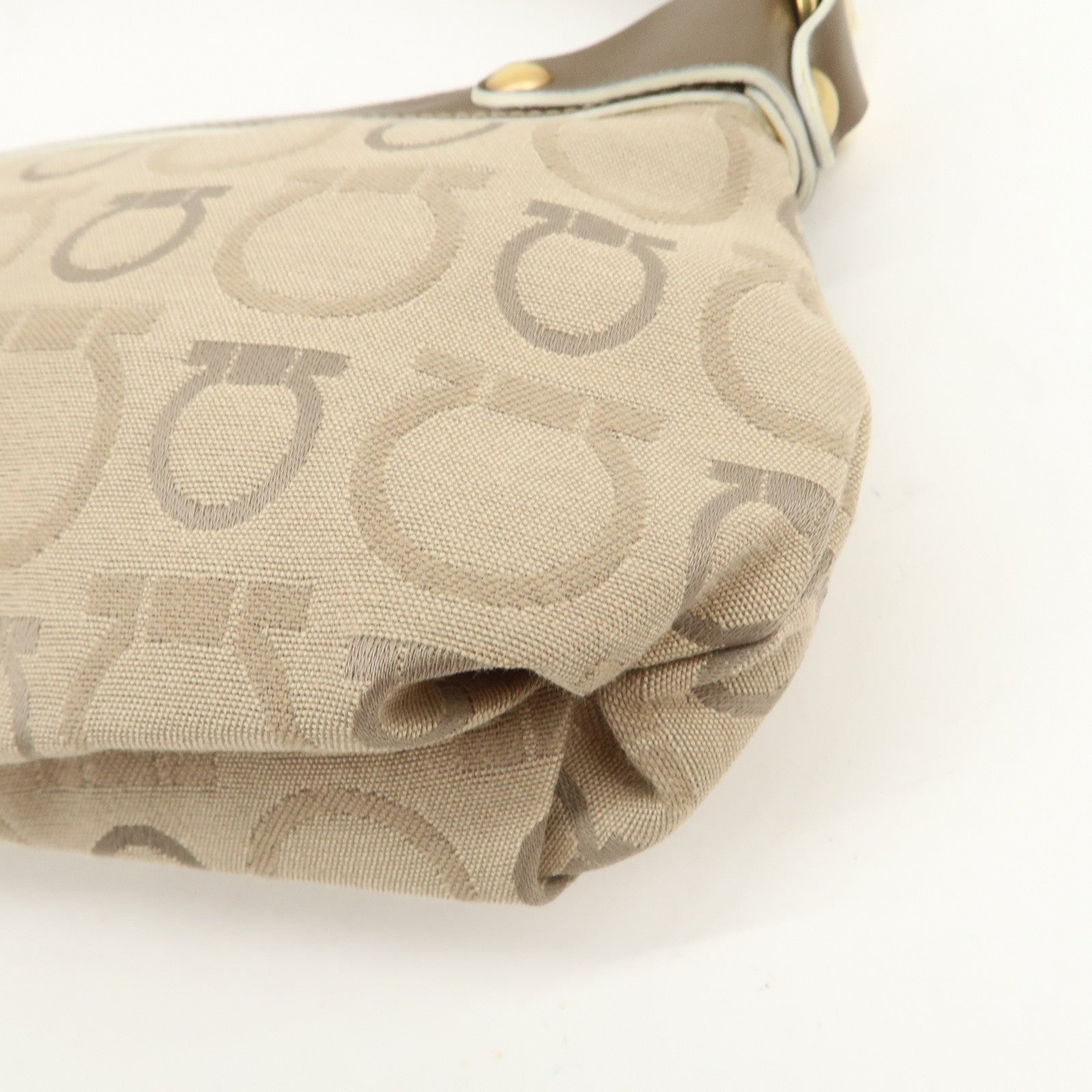 Ferragamo Gancini Canvas Leather Shoulder Bag Hand Bag Beige Brown