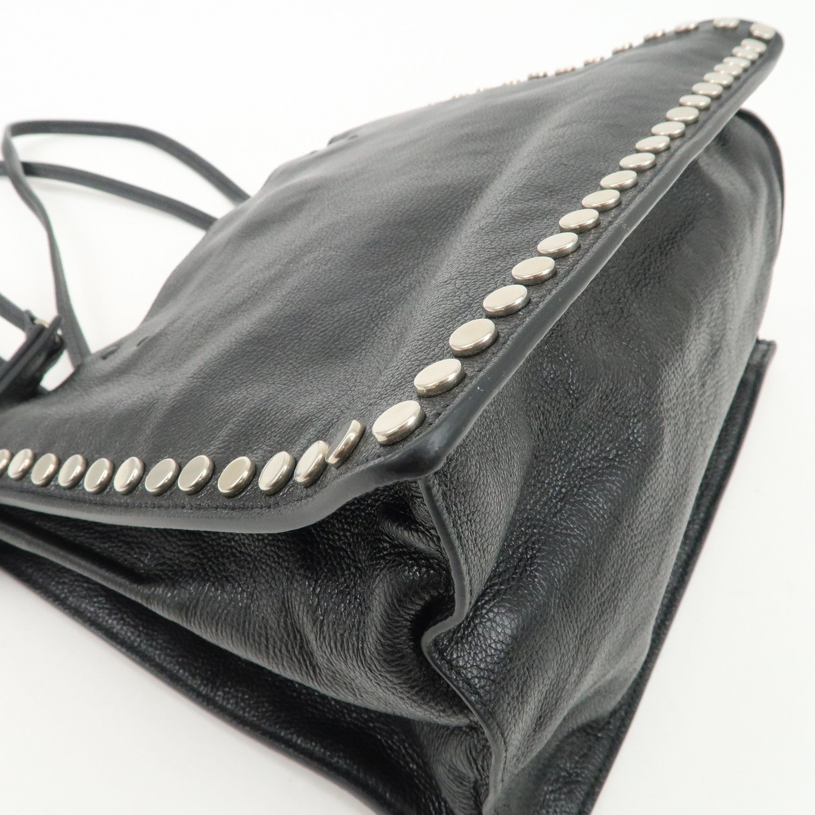 PRADA Logo Etiquette Leather Tote Bag Studs Black 1BG121