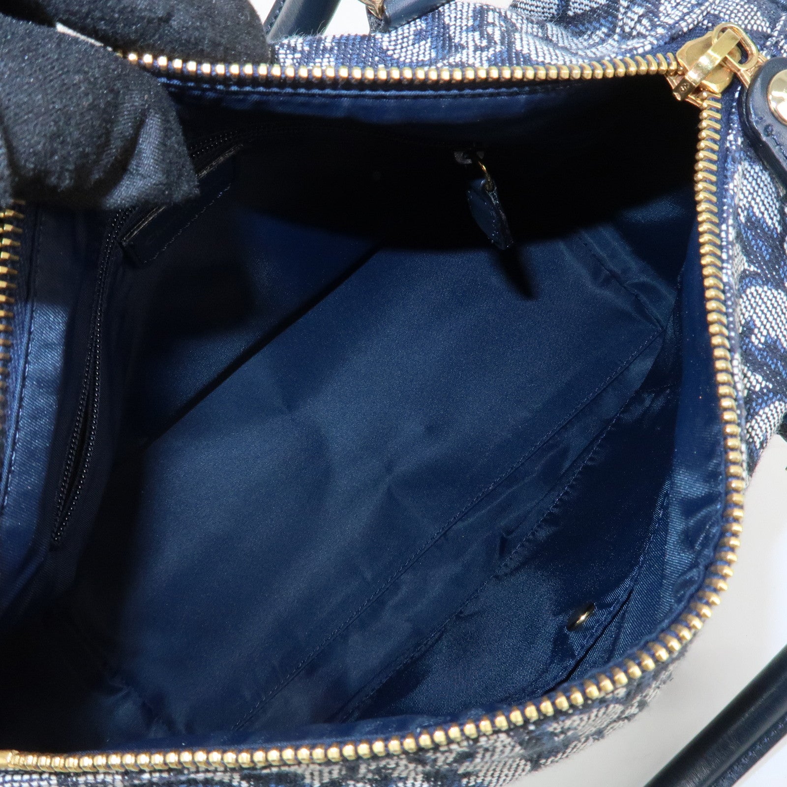 Christian Dior Trotter Leather Canvas Boston Bag Navy White Used