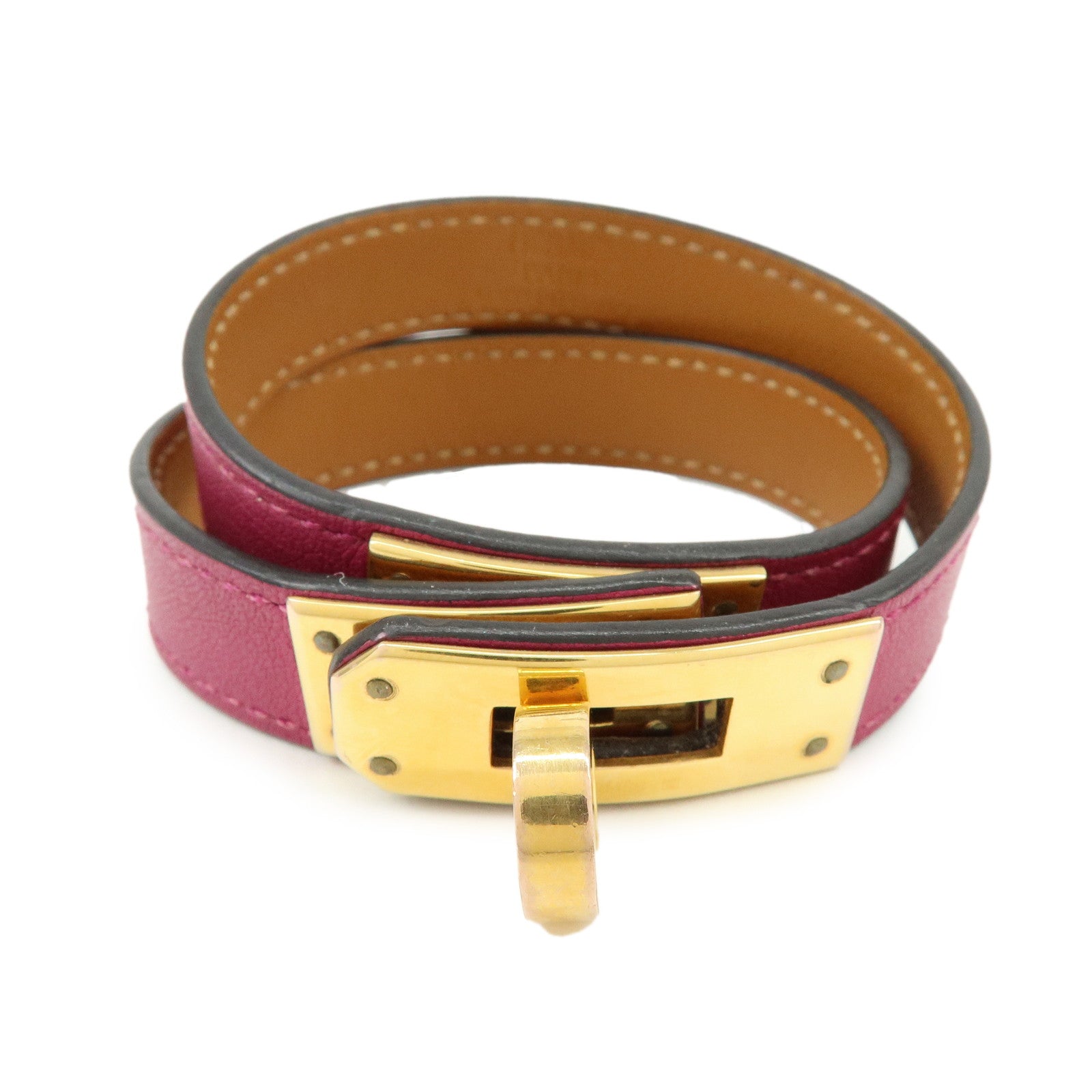 HERMES Leather Kelly Double Tour Bracelet A Stamped Purple Brown