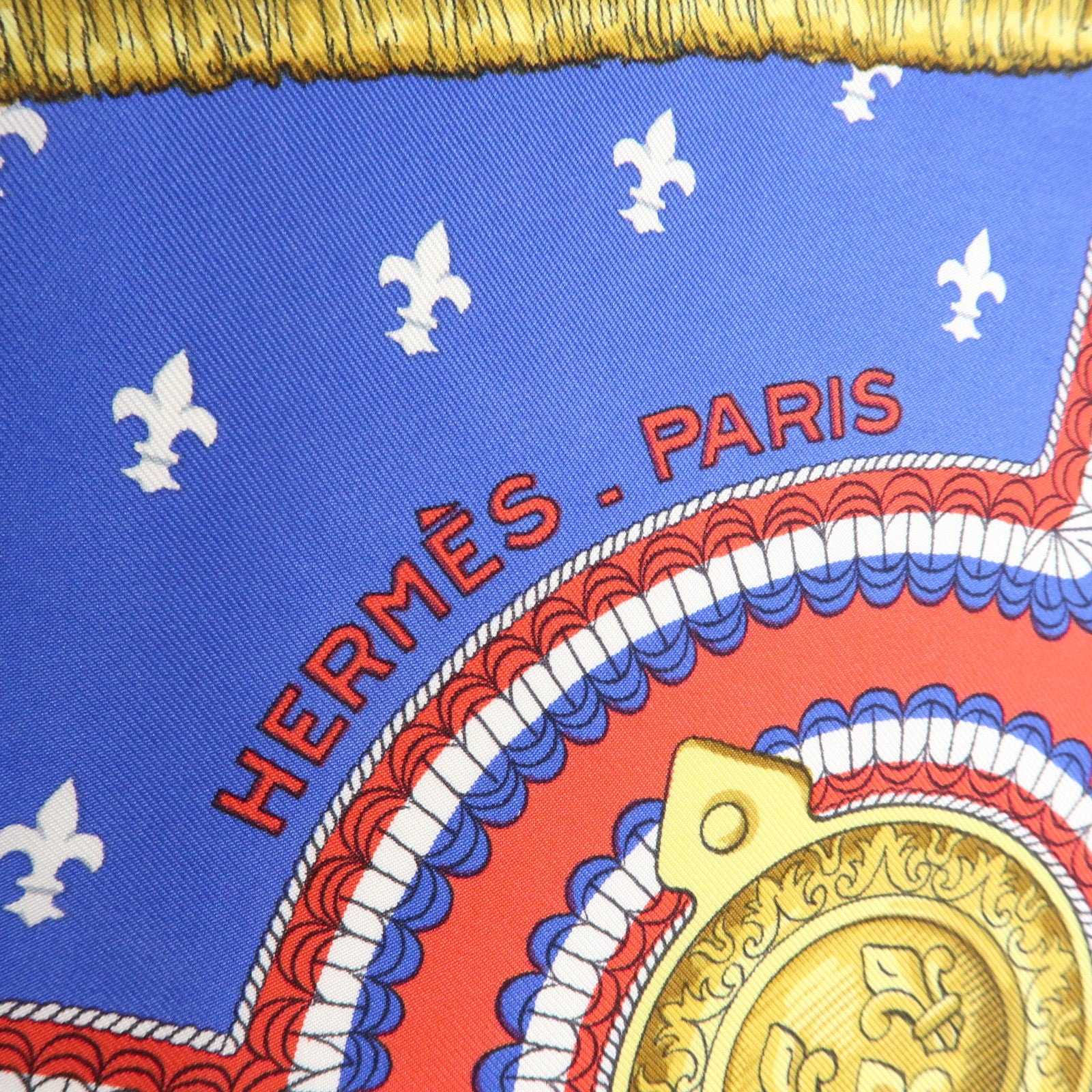 HERMES Carre 90 Silk 100% Scarf SELLES A HOUSSE Blue White Gold Red