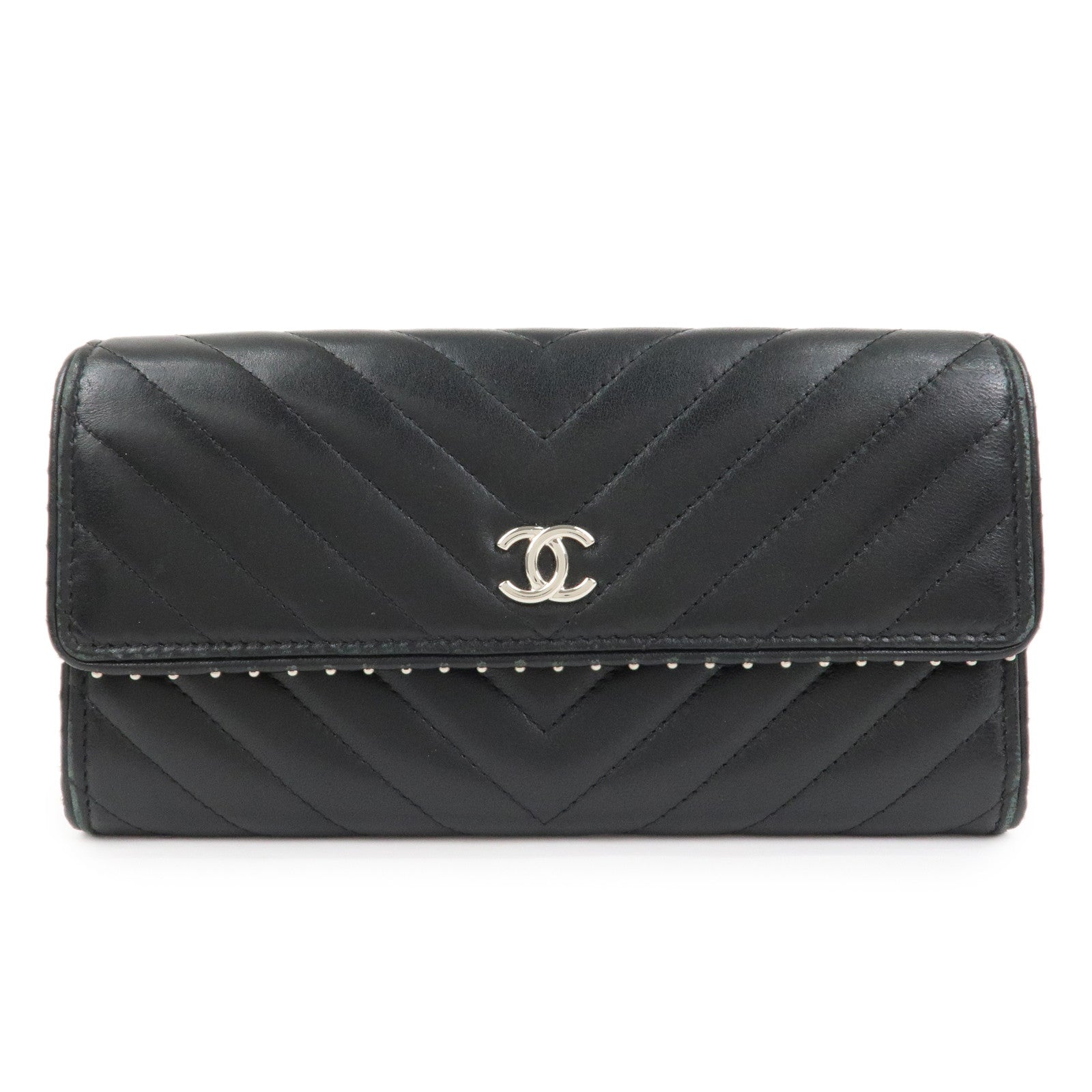 CHANEL COCO Mark V Stitch Leather Flap Long Wallet Black A81217