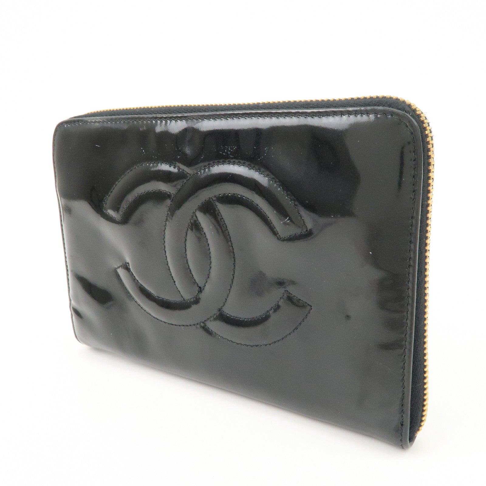 CHANEL Patent Leather Round Zippy Long Wallet Black Used