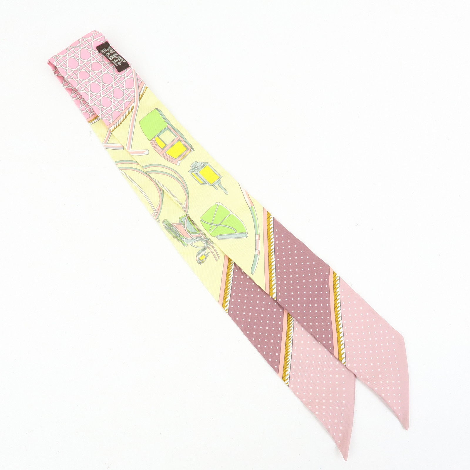 HERMES Silk 100% Twilly Les Voitures a Transformation Yellow Pink