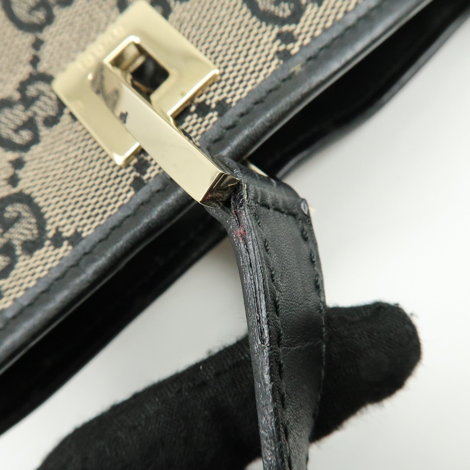 GUCCI GG Canvas Leather Tote Bag Hand Bag Beige Black 0021099