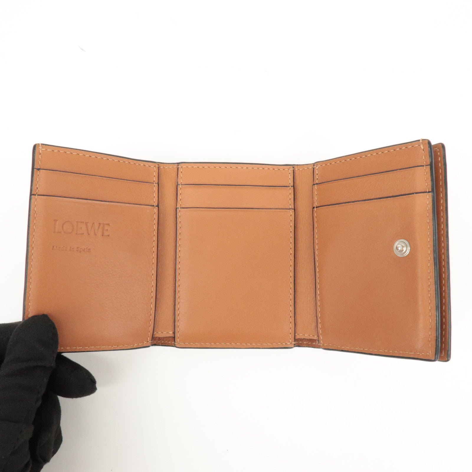 LOEWE Anagram Leather Tri-fold Compact Wallet Beige C500TR2X01 Used