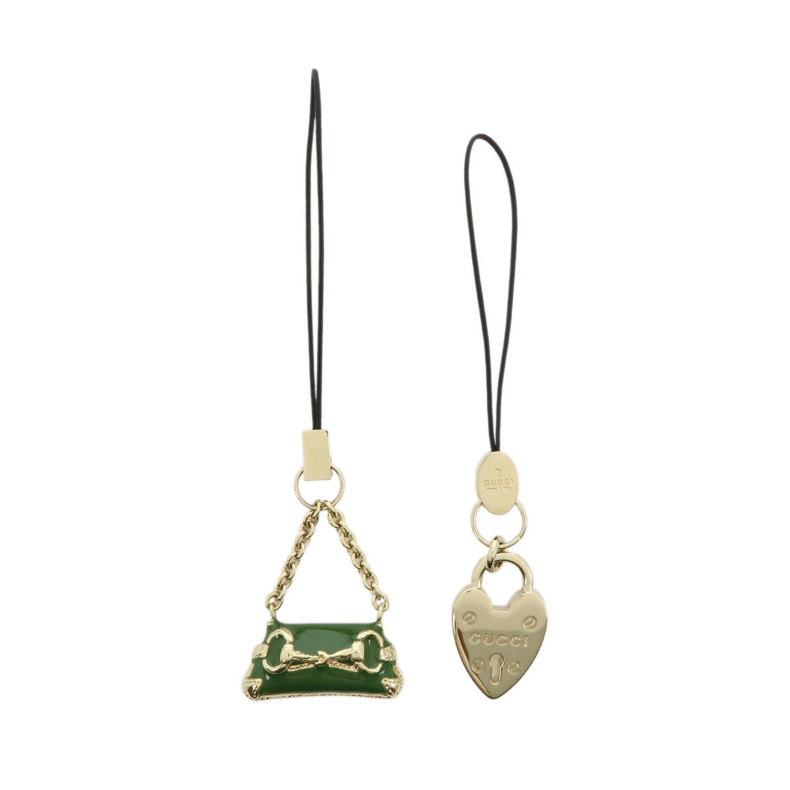 GUCCI Set of 2 Metal Bag Charm Key Chain Green Gold 138248