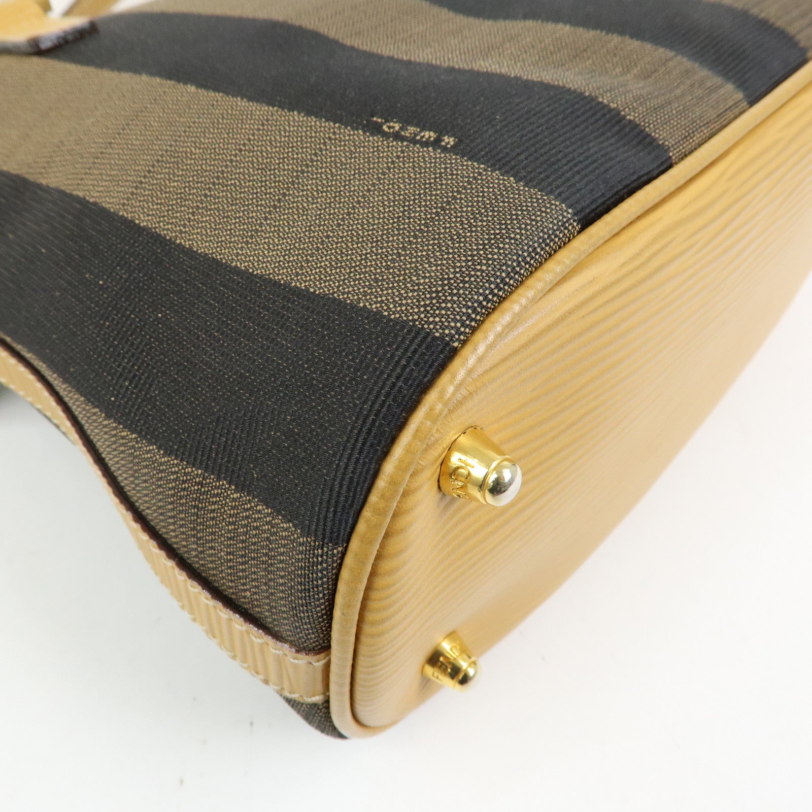 FENDI Pequin Canvas Leather 2Way Bag Hand Bag Shoulder Bag Brown