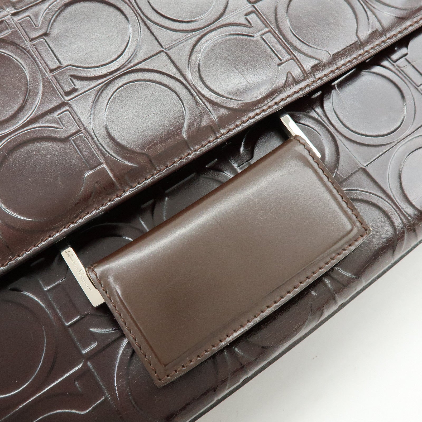 Ferragamo Gancini Leather Shoulder Bag Hand Bag Dark Brown