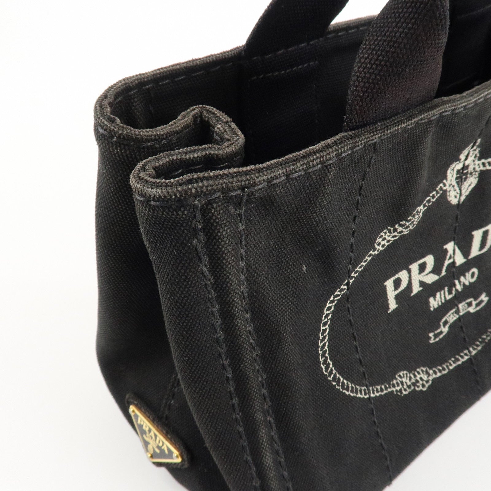 PRADA Logo Canapa Mini Canvas Tote Bag Hand Bag Black BN2439 Used