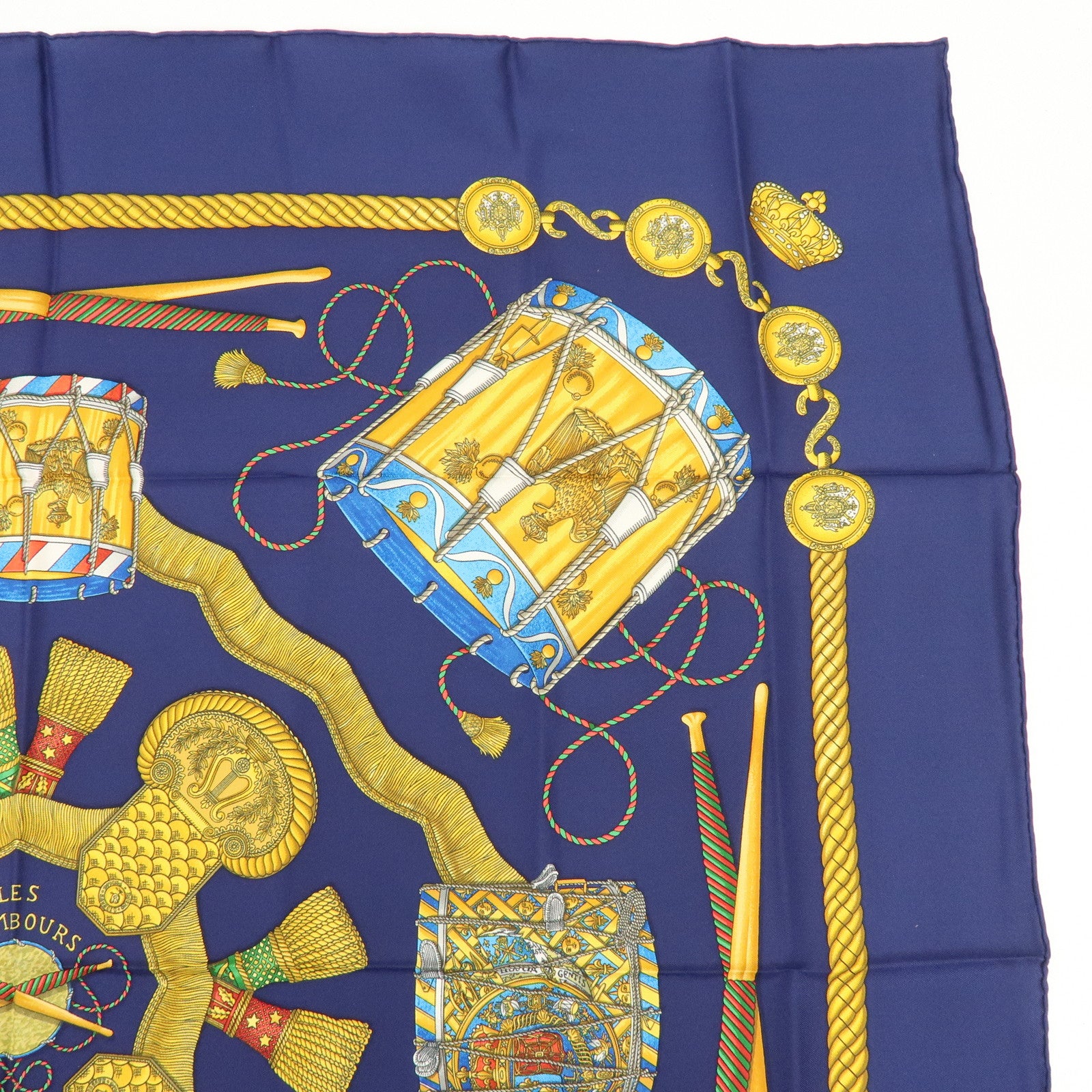 HERMES Carre 90 Silk 100% Scarf LES TAMBOURS Navy Gold