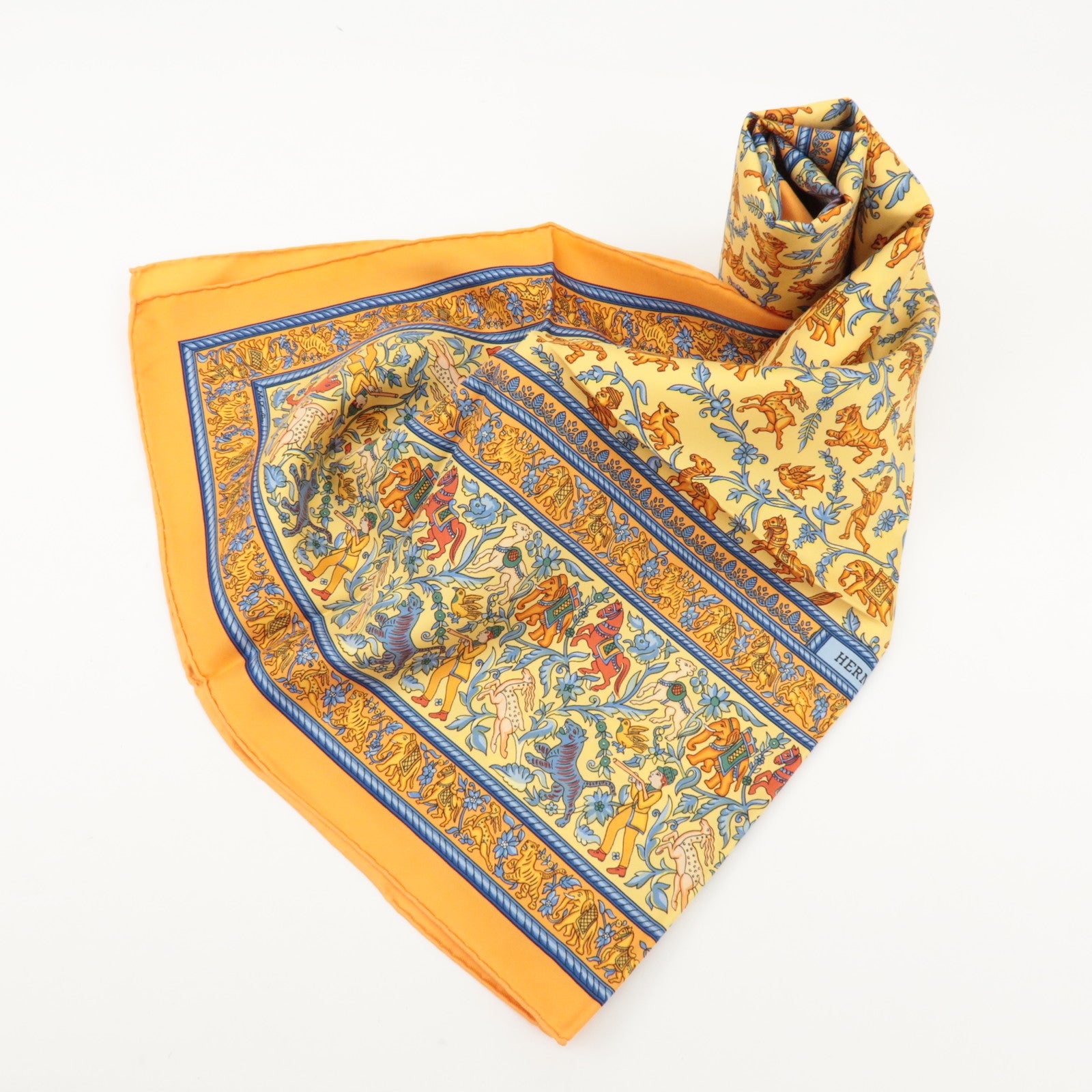 HERMES Carre 90 Silk 100% Scarf CHASSE EN INDE Orange Multicolor Used