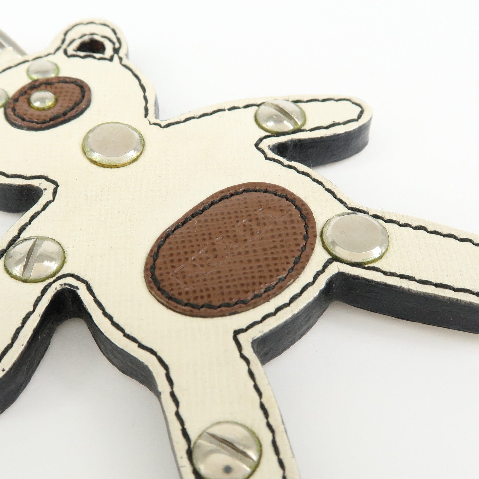 PRADA Saffiano Leather Bear Bag Charm Key Holder Ivory Brown 1AR831