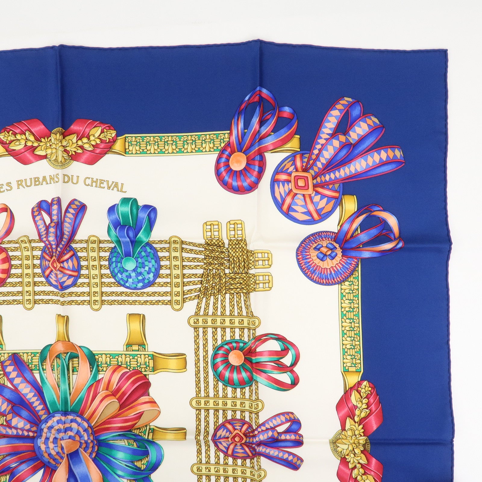 HERMES Carre 90 Silk 100% Scarf LES RUBANS DU CHEVAL Blue White