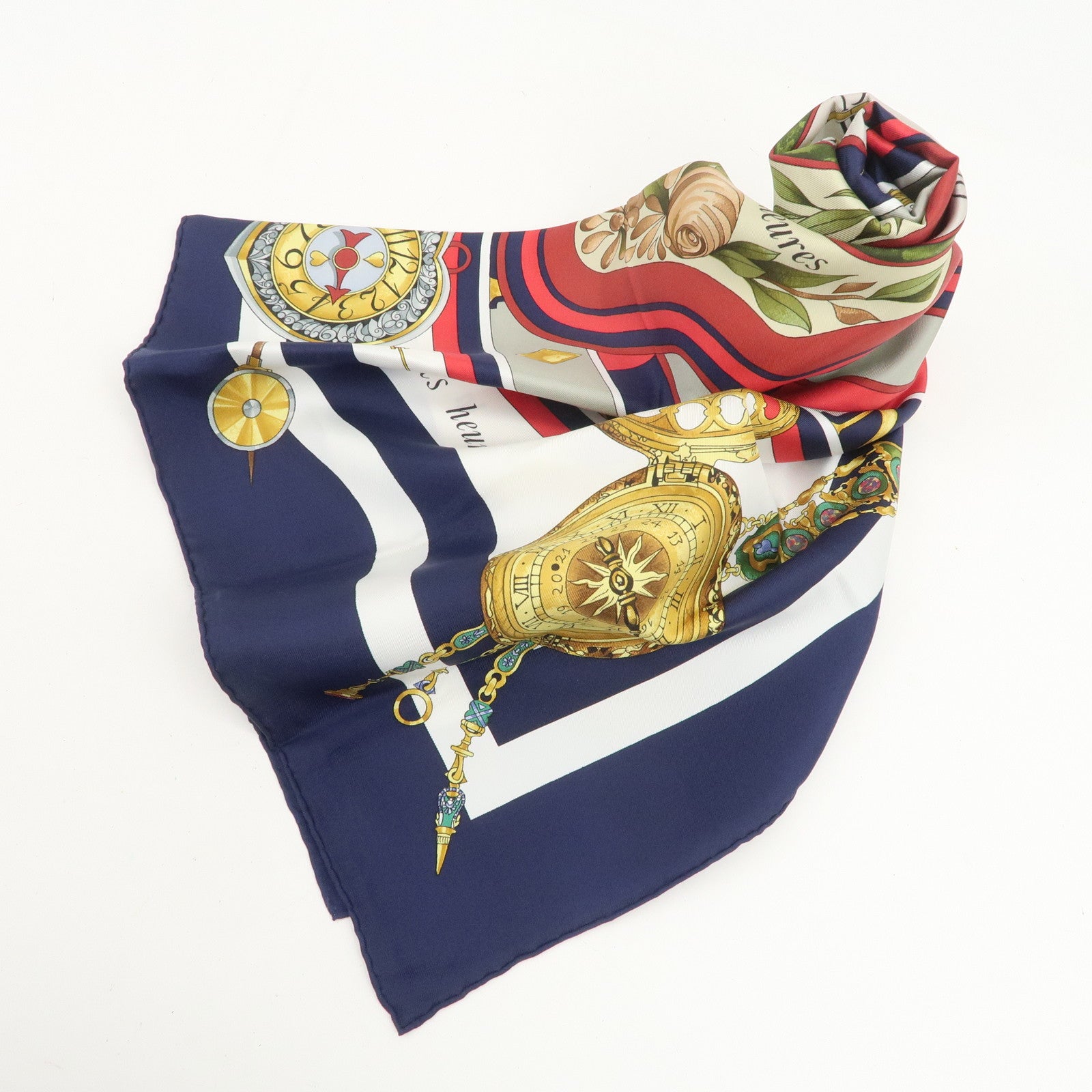 HERMES Carre 90 Silk 100% Scarf Clock Print Navy White Multicolor