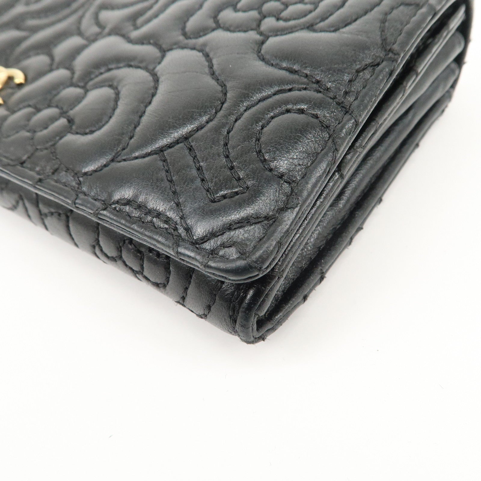 CHANEL Camelia No.5 COCO Mark Lamb Skin Bi-fold Long Wallet A70619 Used