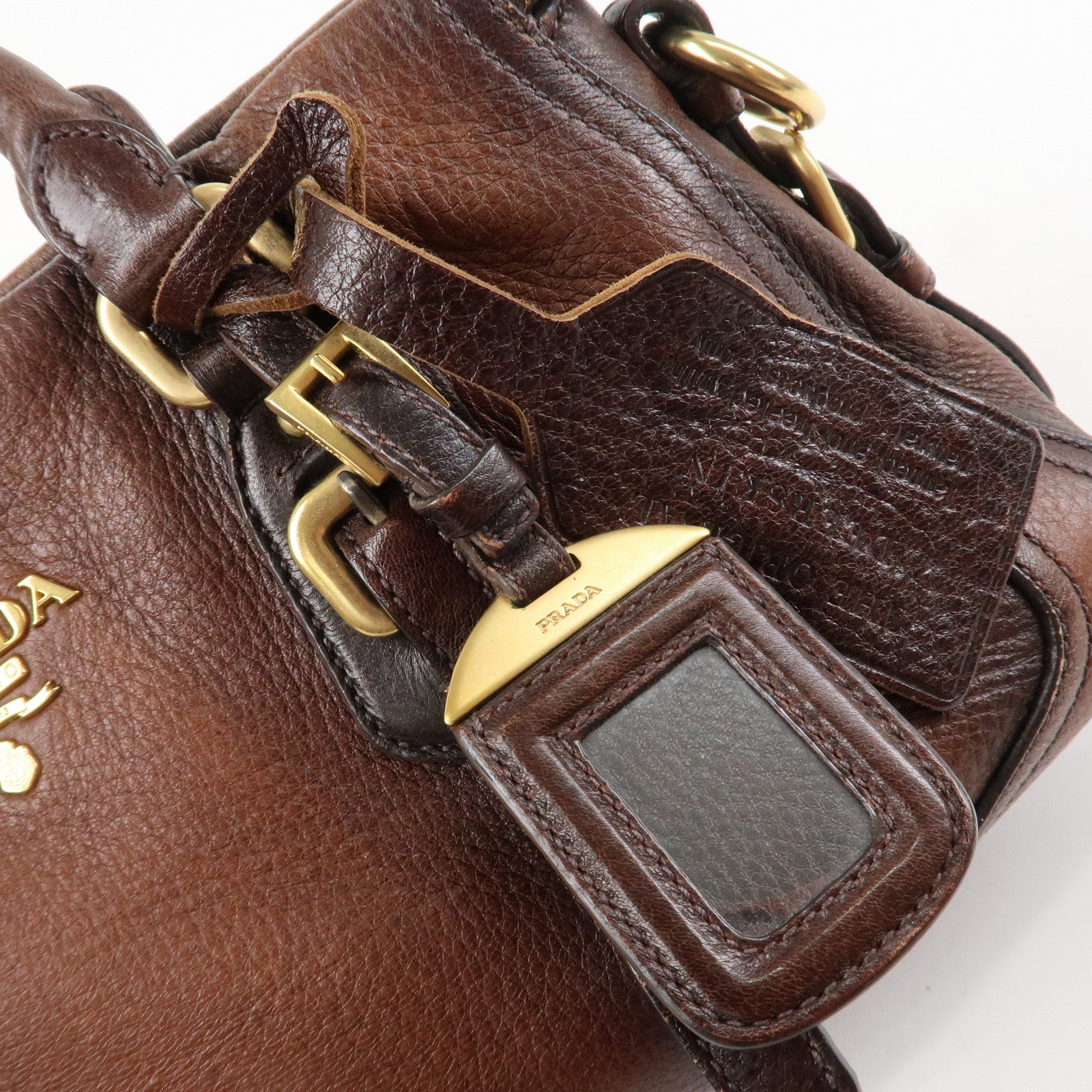 PRADA Logo Leather 2WAY Tote Bag Hand Bag Brown Gold Hardware Used