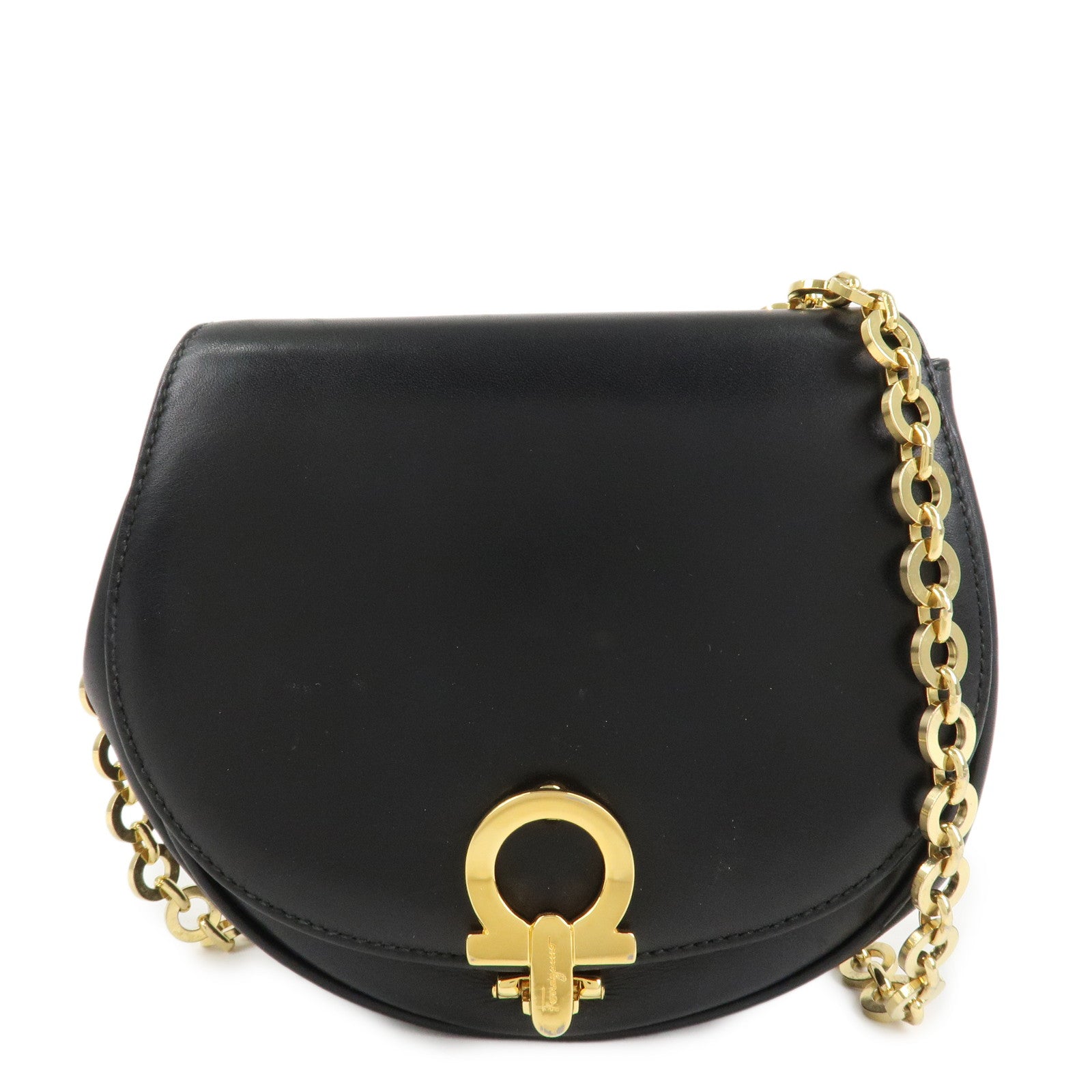 Ferragamo Gancini Leather 2Way Chain Shoulder Bag Waist Bag Black
