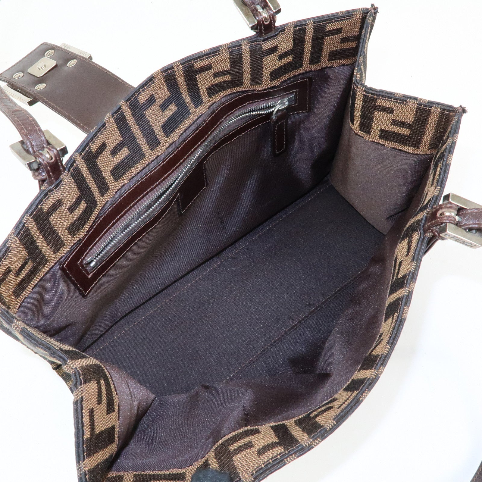 FENDI Zucca Canvas Leather Handbag Shoulder Bag Brown Black