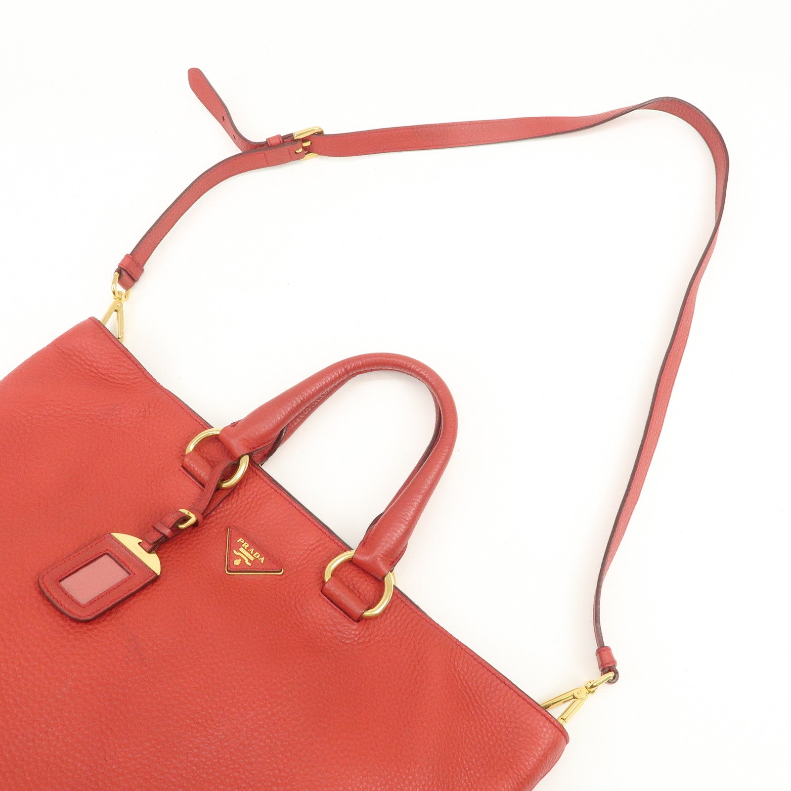 PRADA Triangle Logo Leather 2Way Tote Bag Shoulder Bag Red BN1713