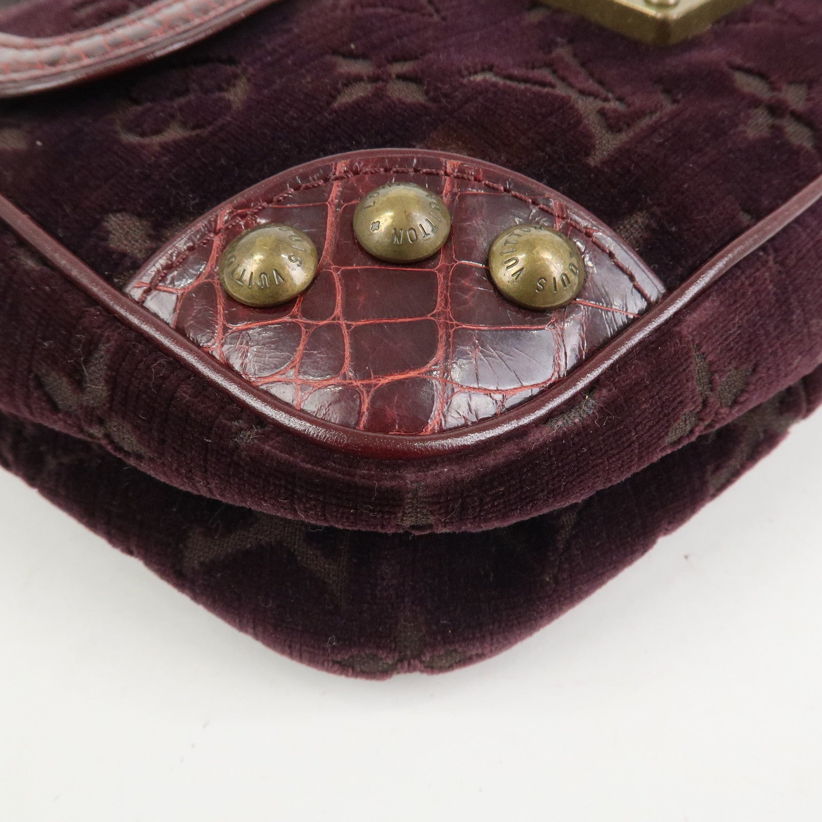 Louis Vuitton Monogram Vleur Velvet Leather Hand Bag Burgundy