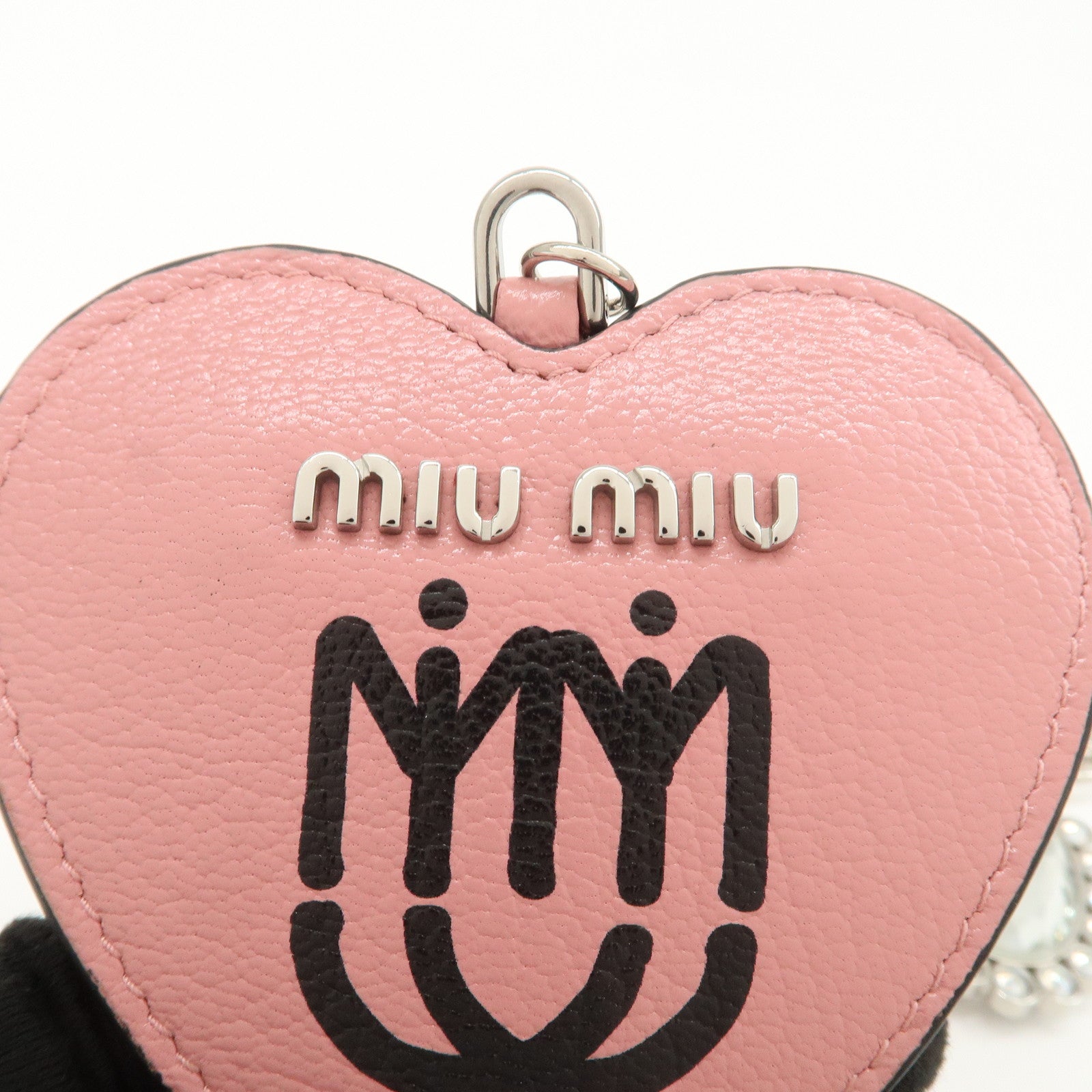 MIU MIU Leather Heart Motif Mirror Bag Charm Key Chain Pink 5TL376