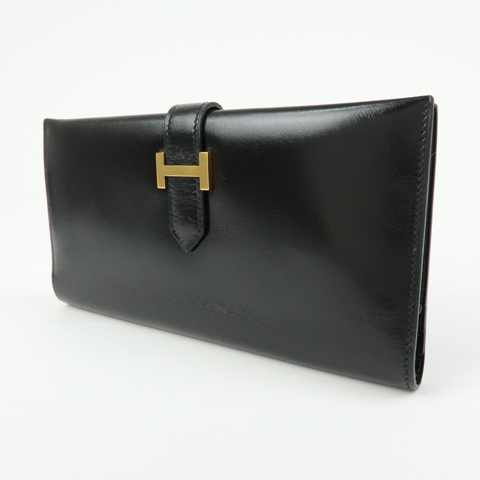 HERMES Bearn Box Calf Bi-fold Long Wallet 〇QStamped Black Gold