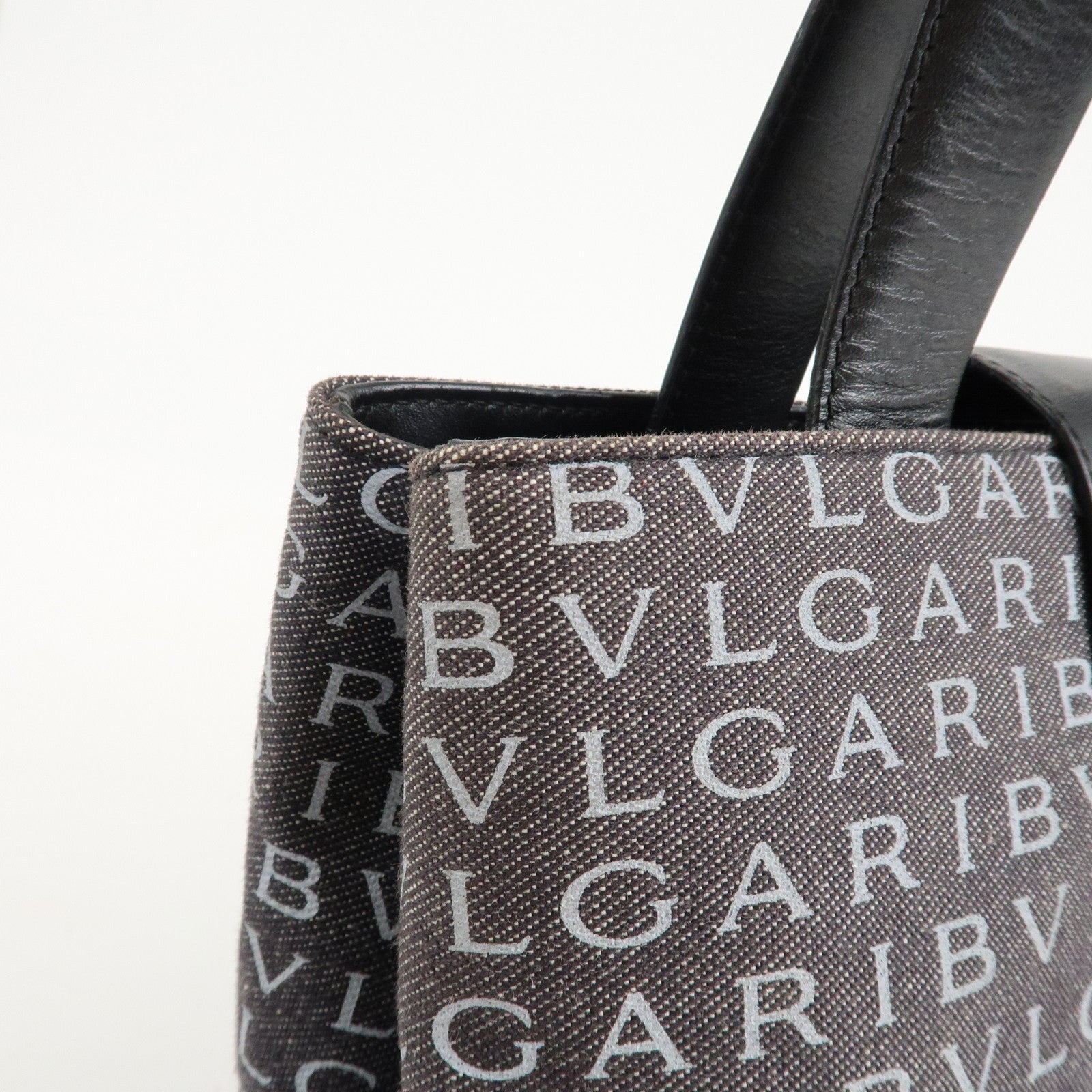 BVLGARI Logo Mania Canvas Leather Tote Bag Shoulder Bag Black Used