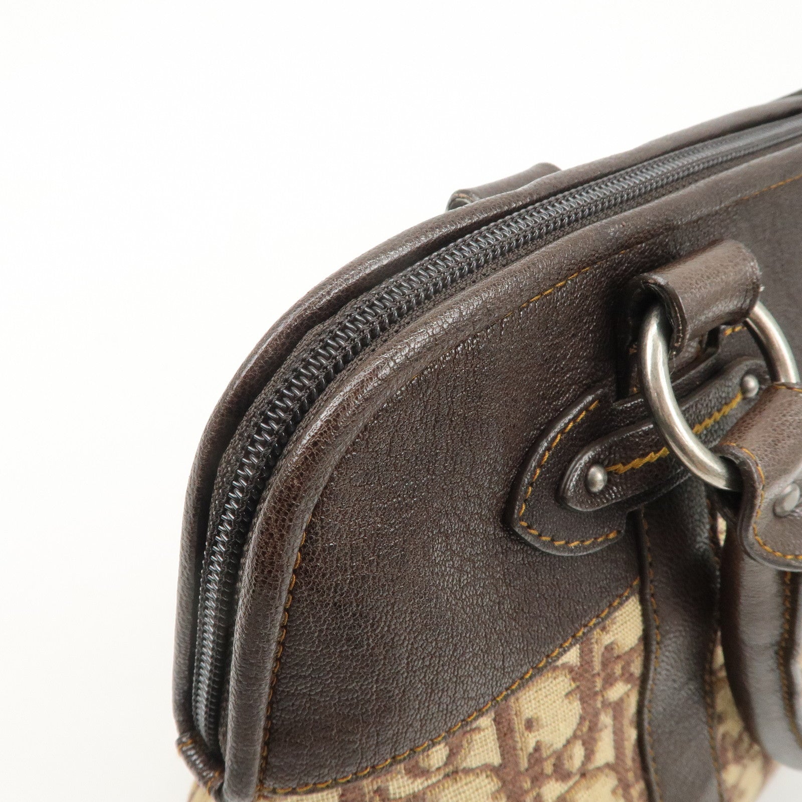 Christian Dior Logo Trotter Canvas Leather Boston Bag Beige Brown Used