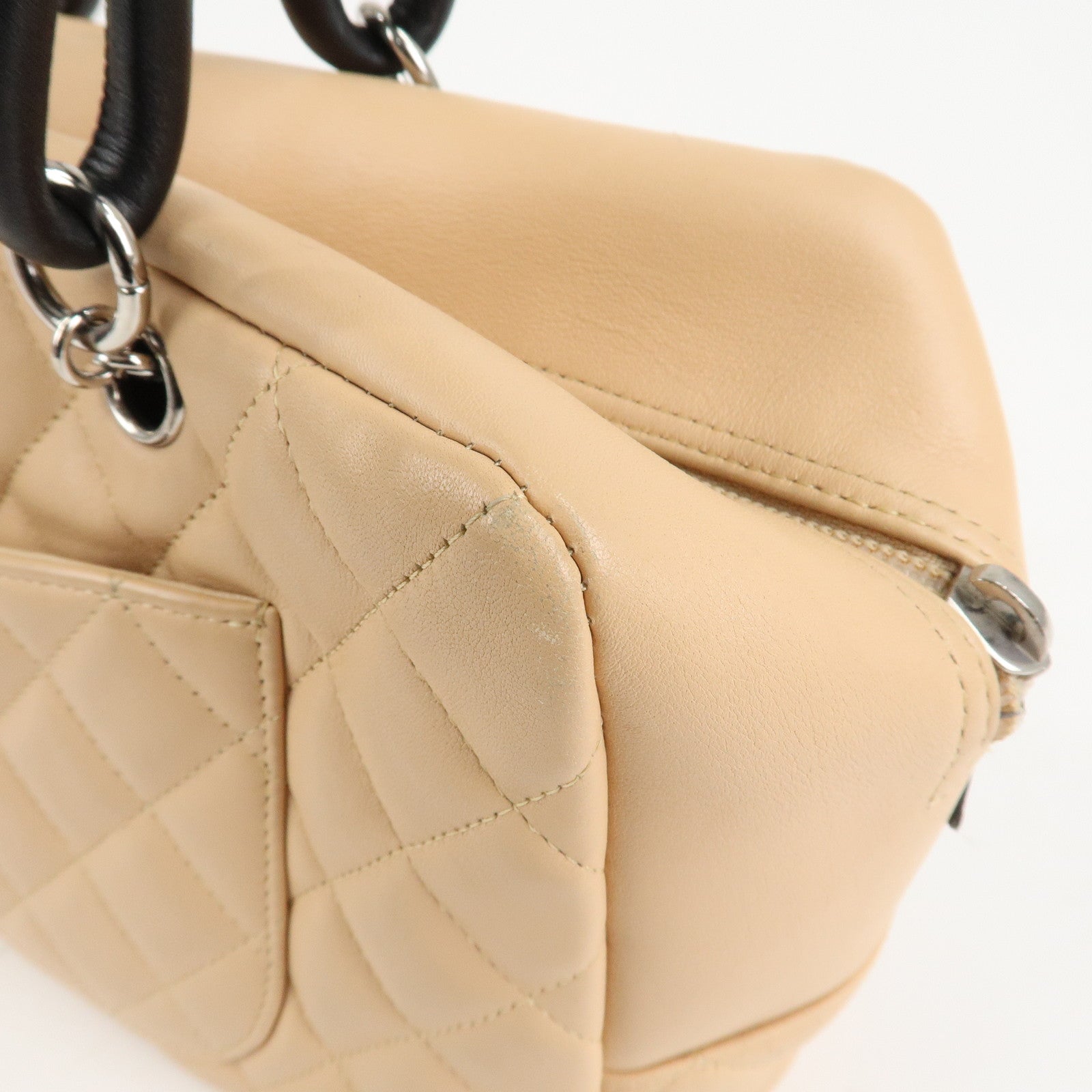 CHANEL Cambon Line Lamb Skin Bowling Bag Hand Bag Beige A25171 Used