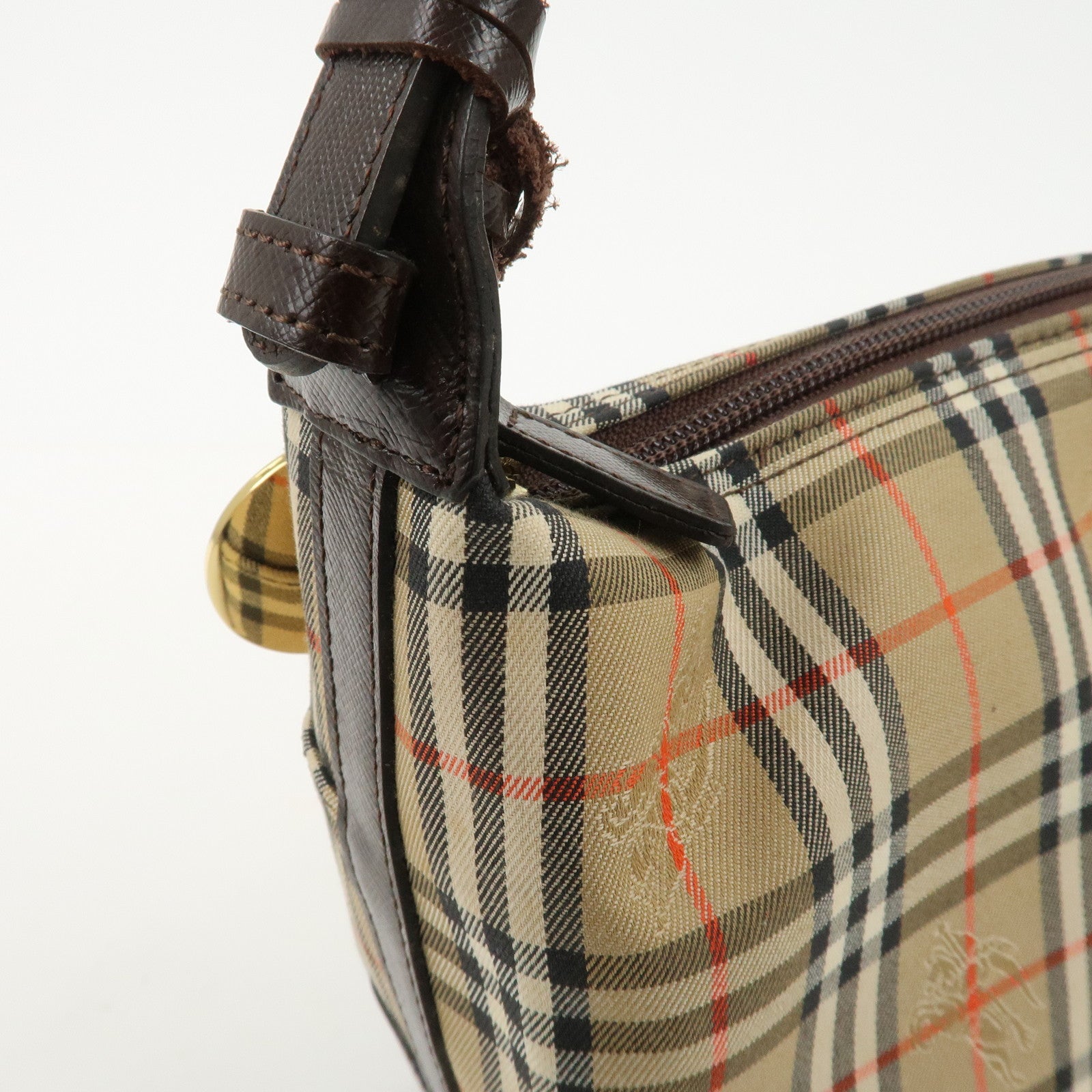 BURBERRY Nylon Leather Nova Plaid Shoulder Hand Bag Beige Black Used