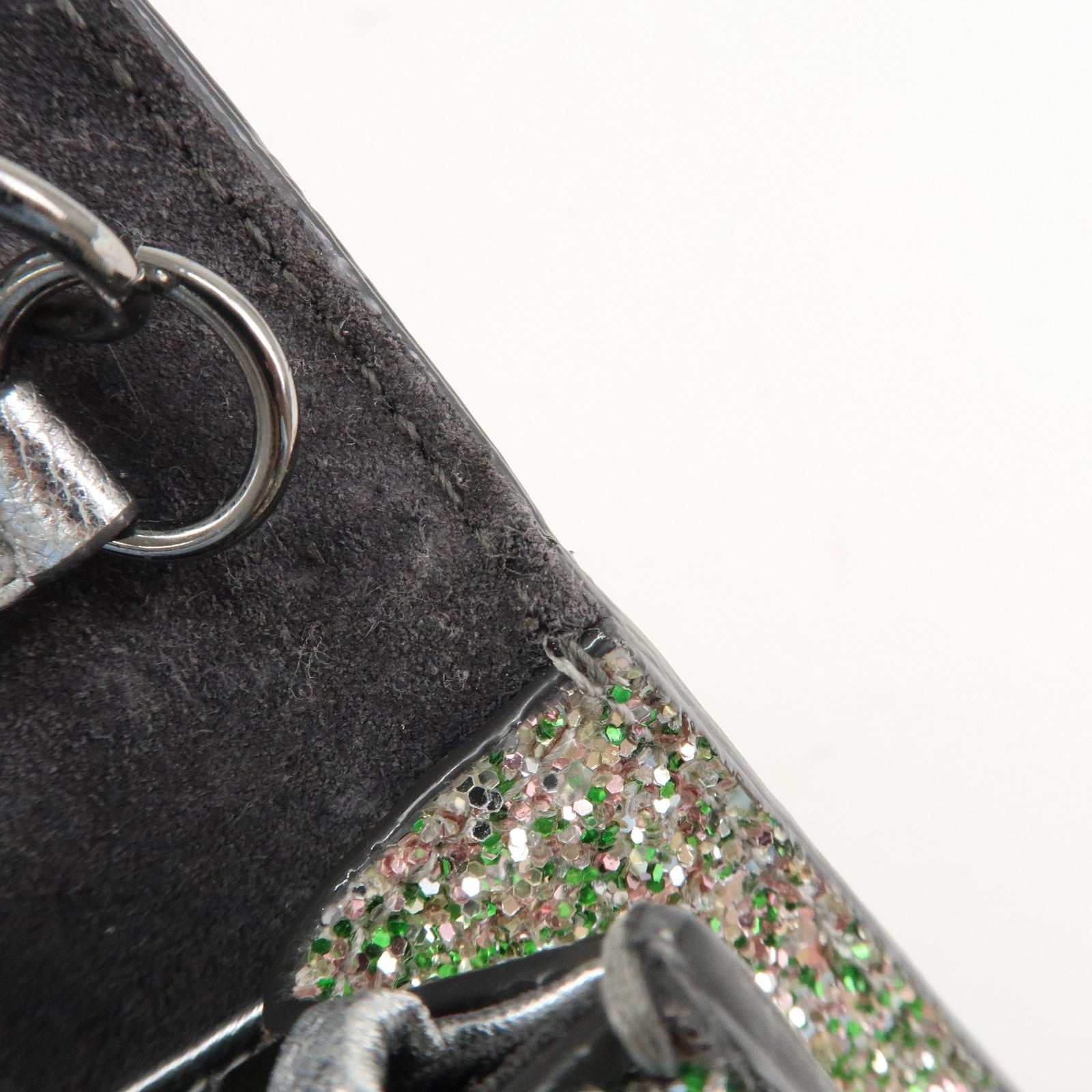 JIMMY CHOO Glitter Leather Shoulder Wallet Bag Green Silver Used