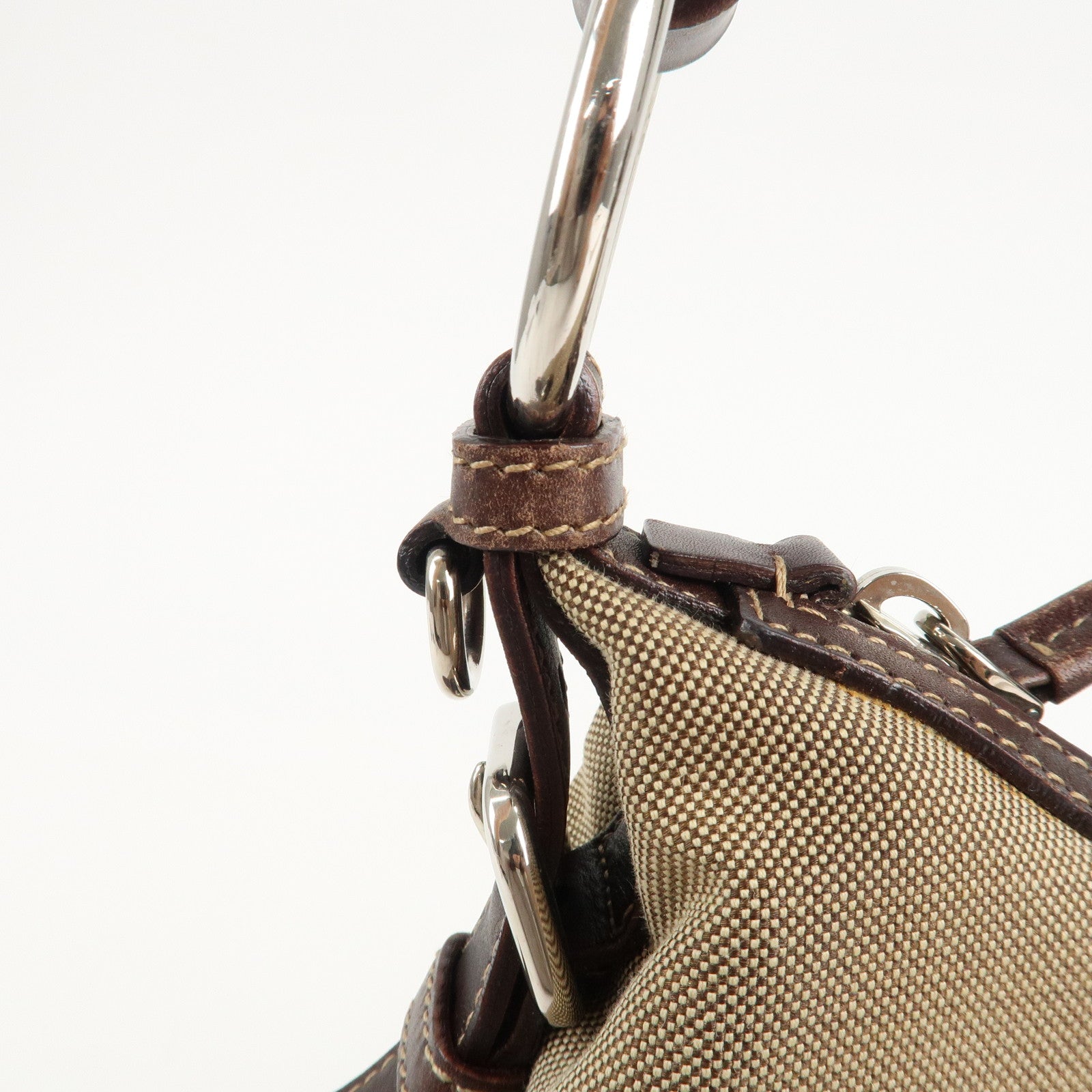 PRADA Logo Jacquard Leather Shoulder Bag Beige Brown Used