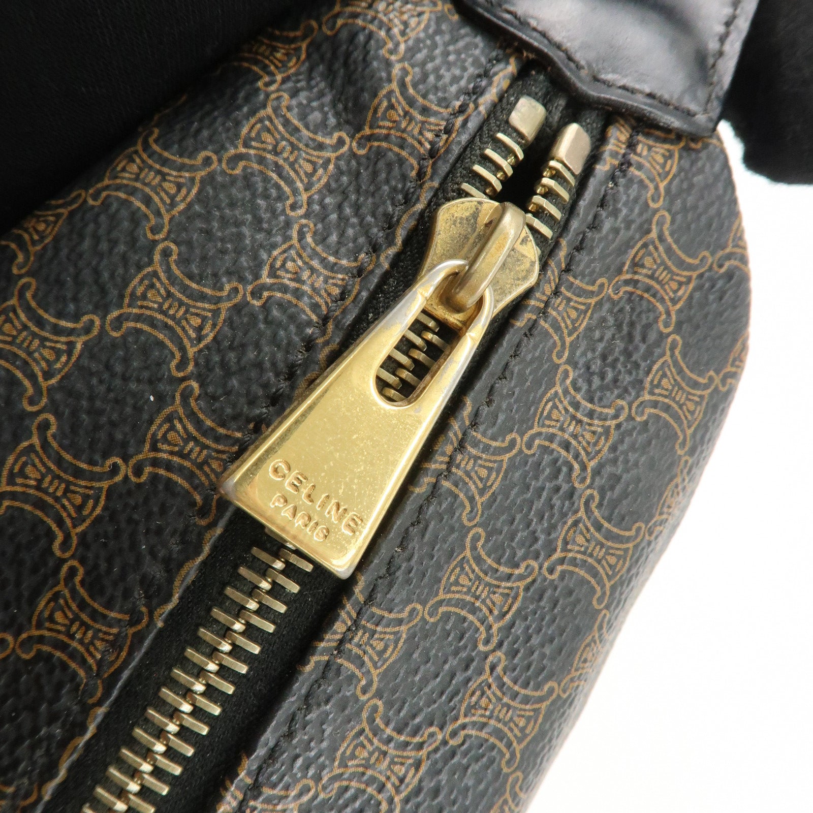 CELINE Macadam PVC Leather Hand Bag Black Brown Used