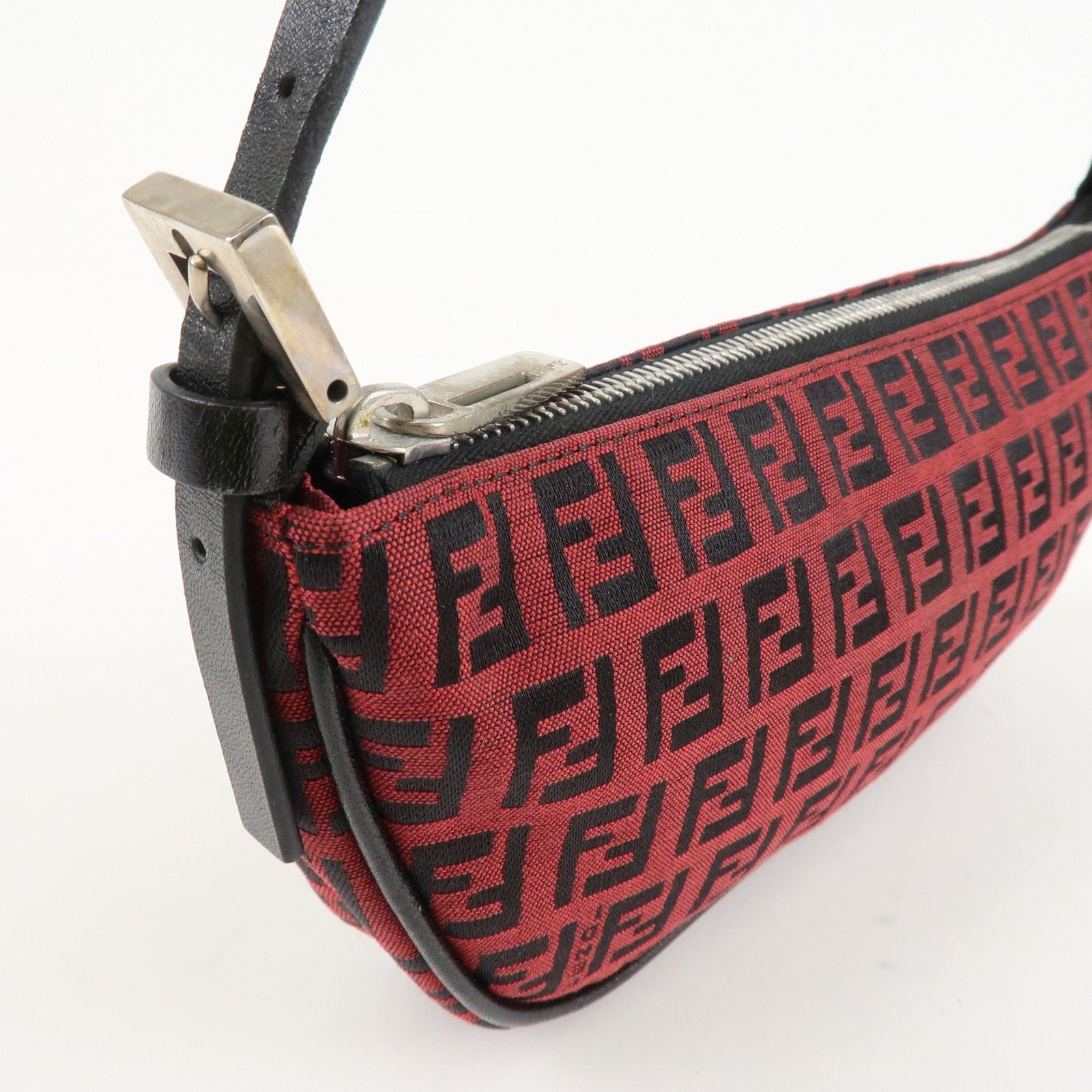 FENDI Zucchino Canvas Leather Accessory Pouch Hand Bag Black Red Used