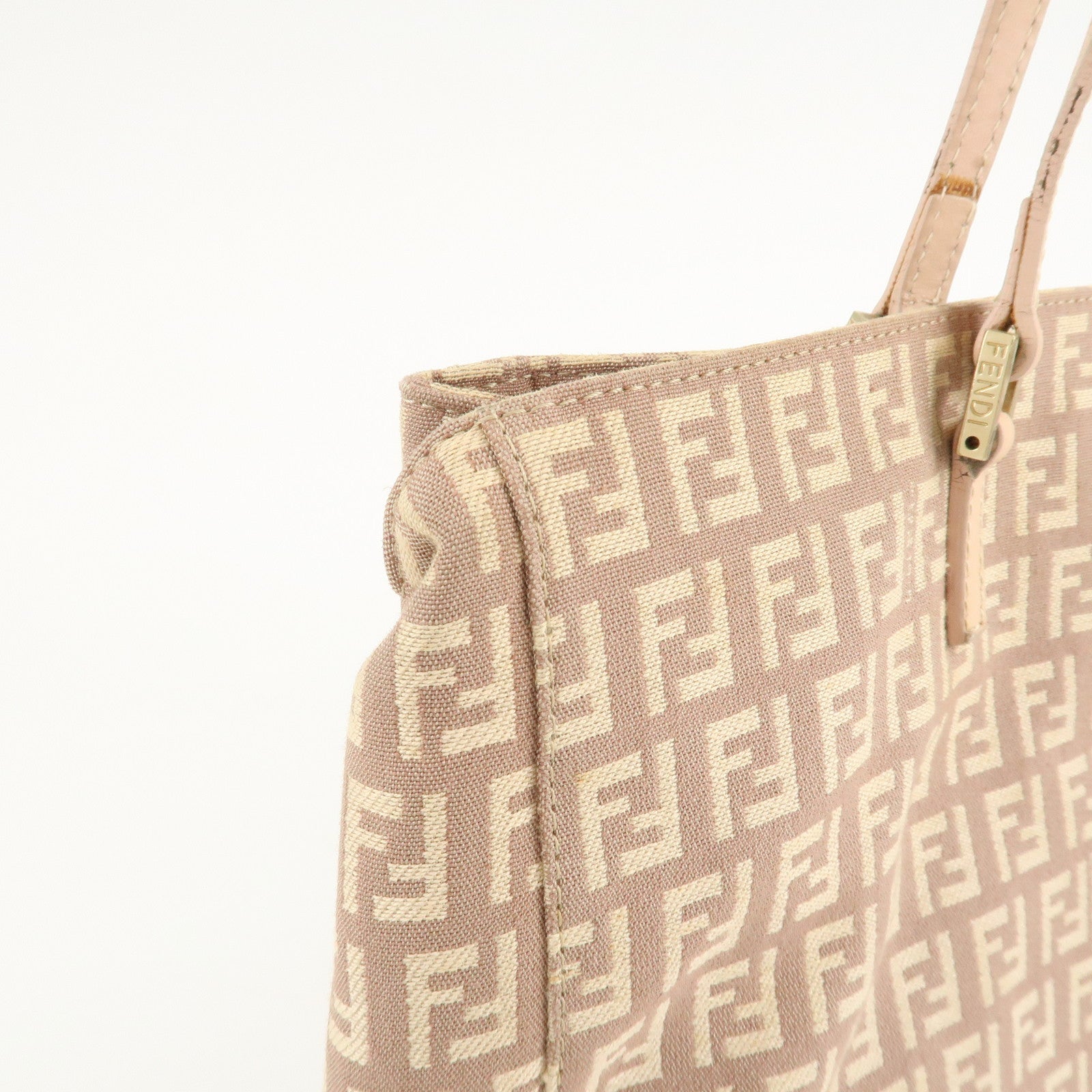 FENDI Zucchino Canvas Leather Tote Bag Pink Beige 8BH133 Used